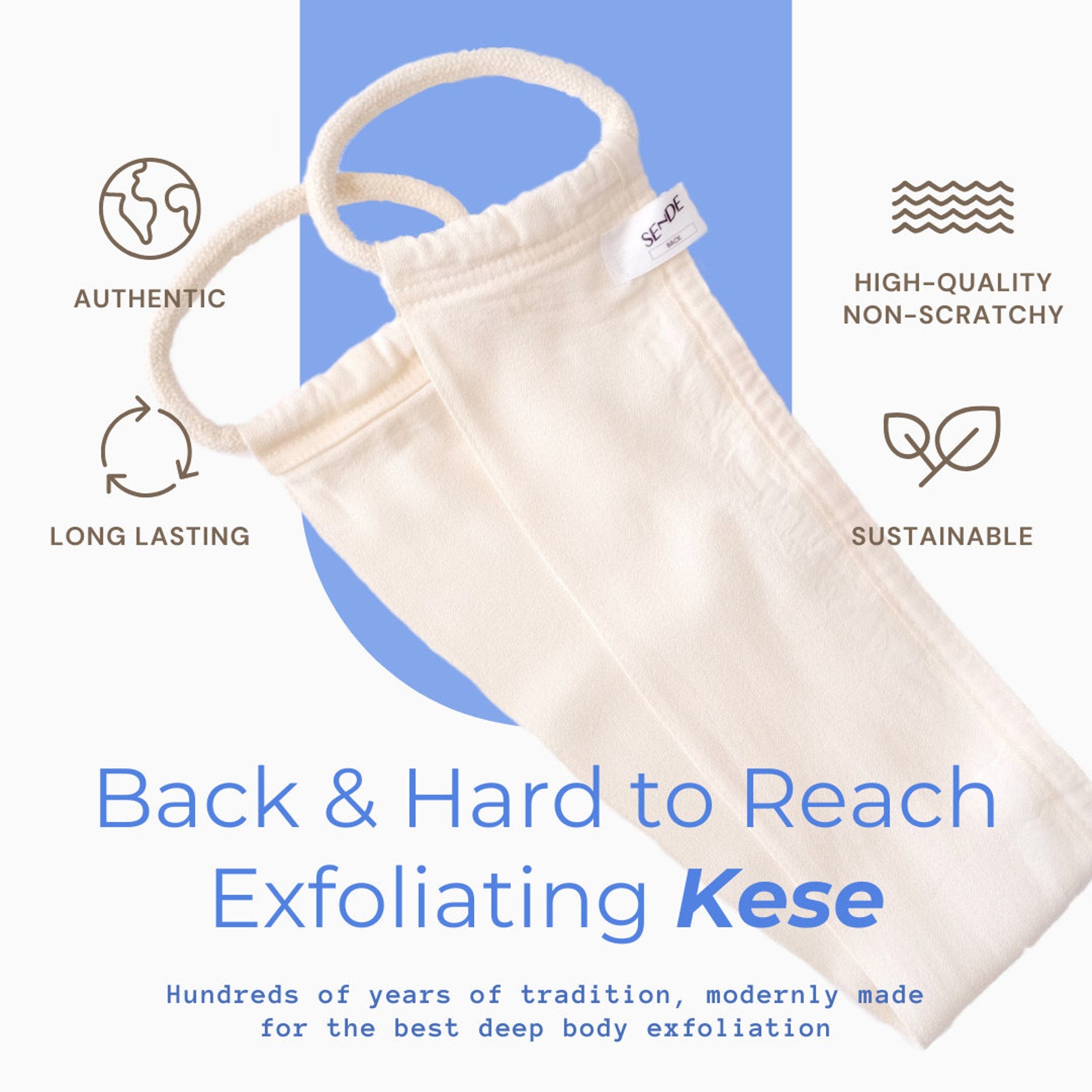 Exfoliating Kese in off-white fabric with rope handle, SENDE brand tag, for body exfoliation