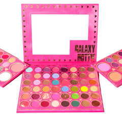 Close-up of 80 vibrant eyeshadow shades in matte, shimmer, and metallic finishes arranged in circular pans