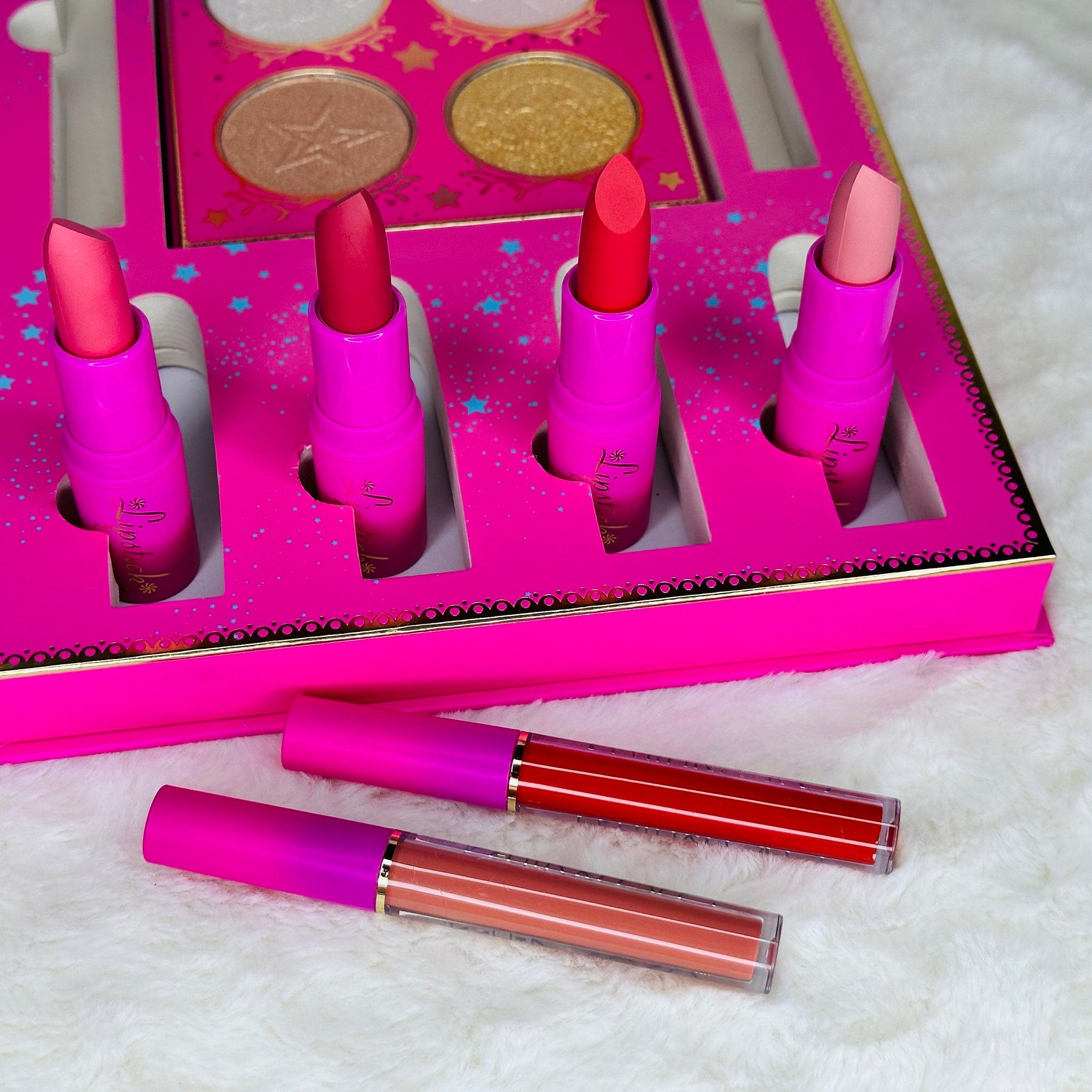 Close-up of matte and shimmery pink eyeshadow palette showing rich pigment texture and smooth blendability