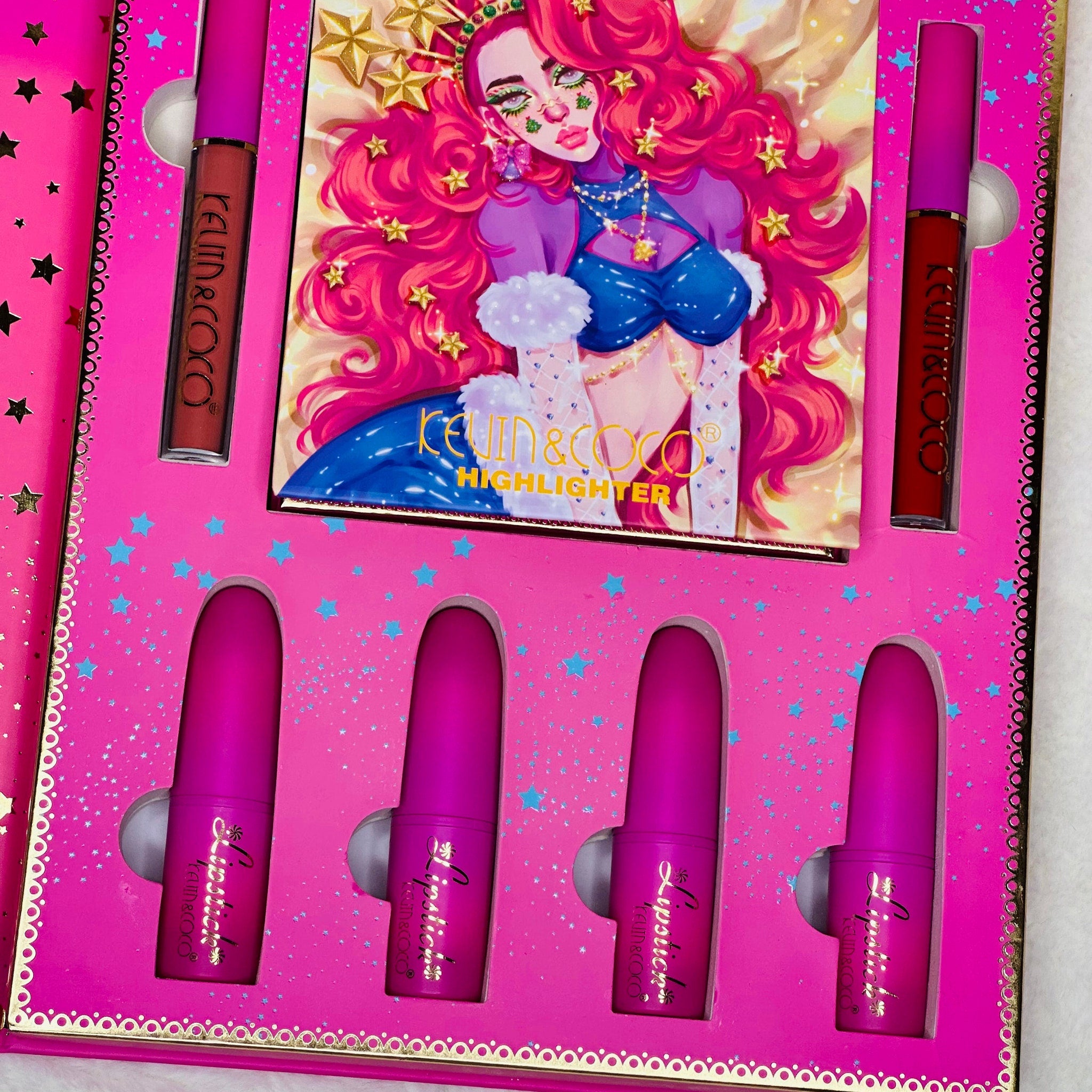 Side view of pink eyeshadow palette showing six matte and shimmer shades in compact case