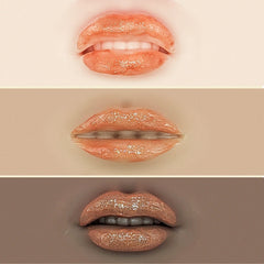 Lip gloss, glossy orange lips, close-up view of three sets of lips
