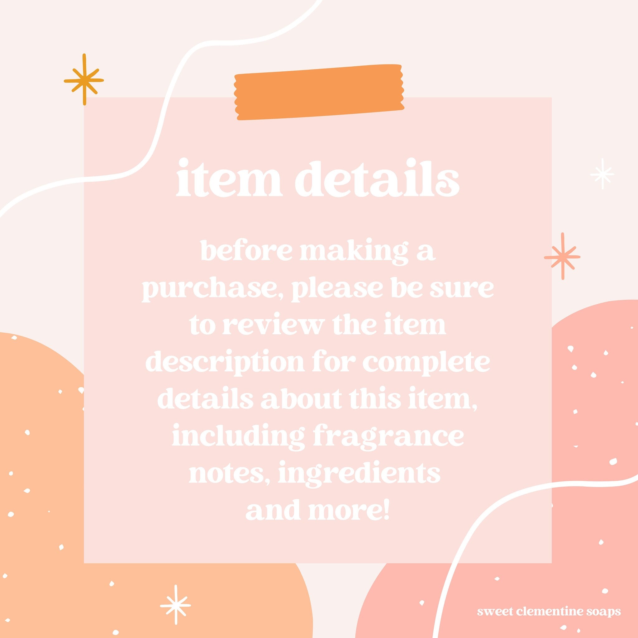 Item details graphic with pink, orange, and white shapes, text, and sweet clementine soaps brand