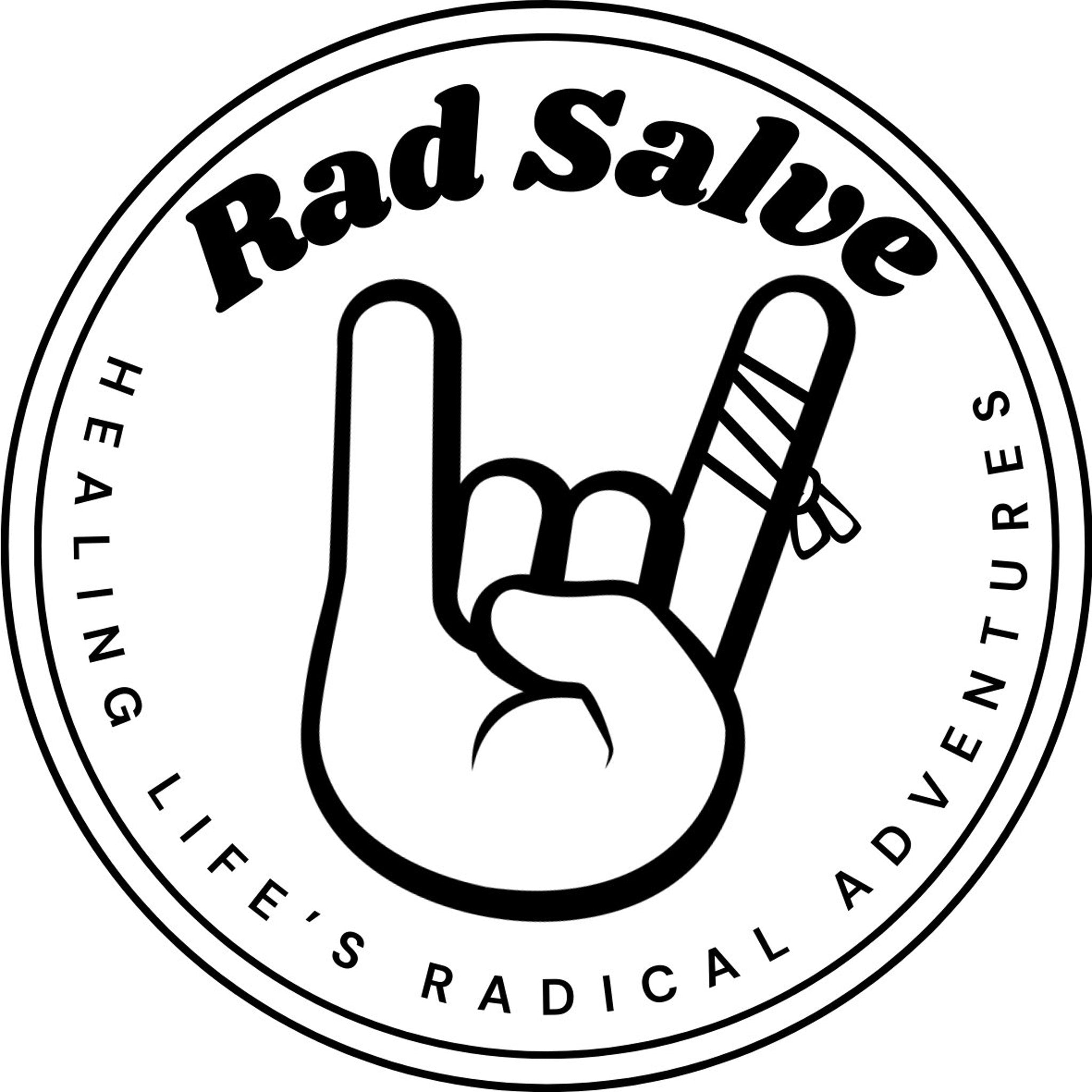 Rad Salve logo, black and white circular design with hand gesture and text, "Rad Salve" brand logo