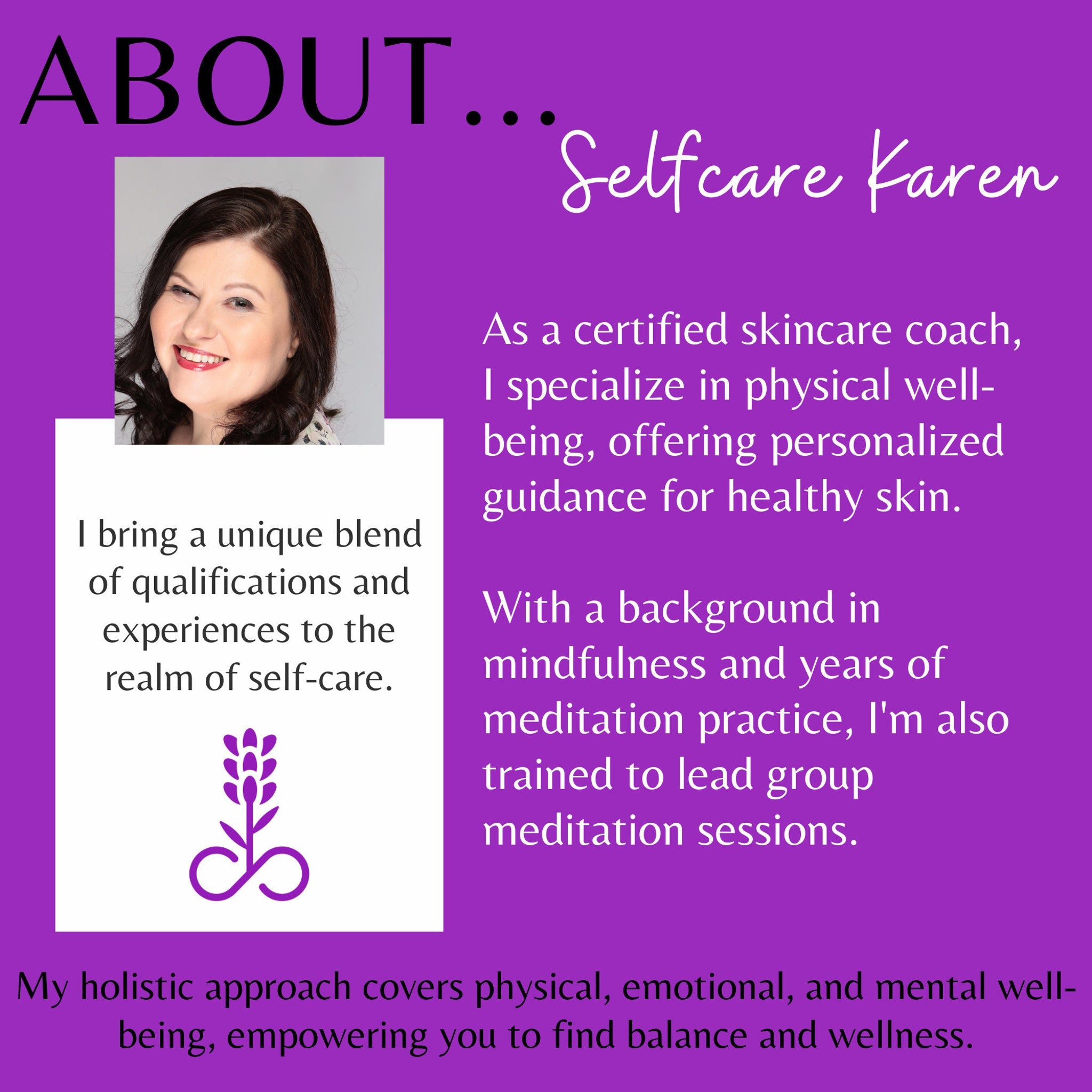 Self-care coach photo, smiling woman, purple background, white text about wellness