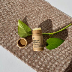 Organic lip balm in cardboard tube, with green leaves on textured brown surface