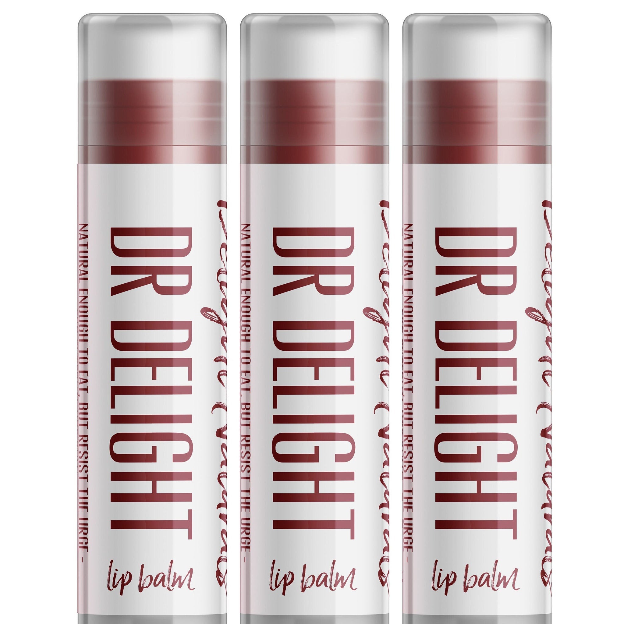 Lip balm tubes with white and red label, clear cap, and "Dr Delight" text