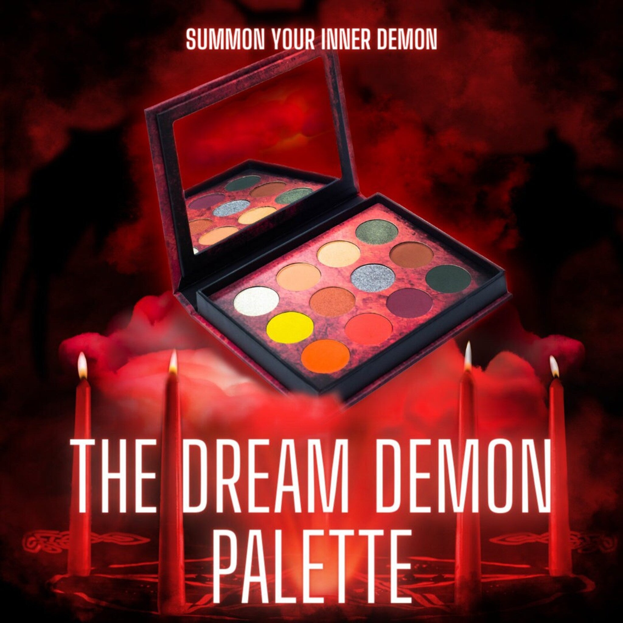 Side view of Dream Demon Eyeshadow Palette showing sleek black compact with gold trim and embossed logo