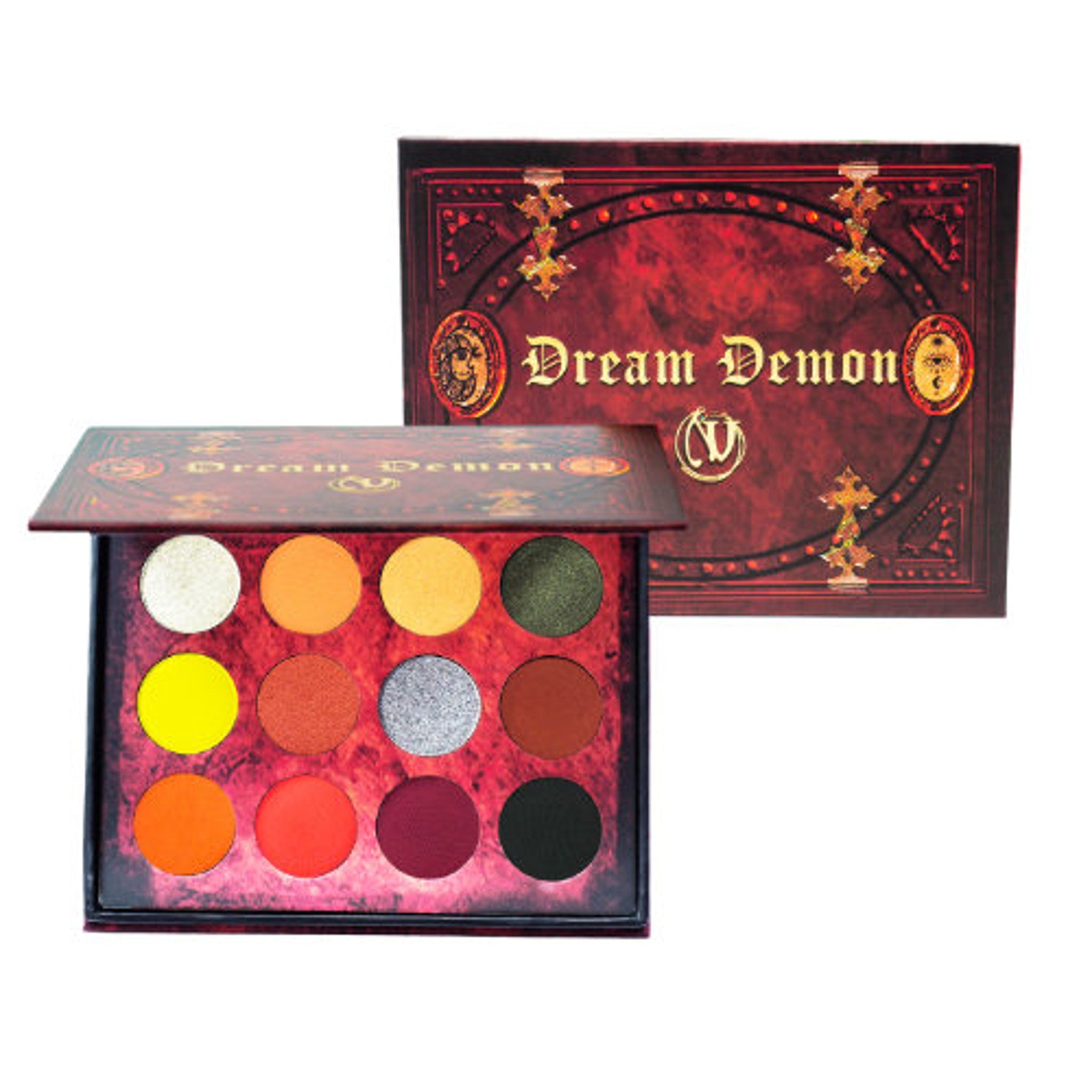 Side view of Dream Demon Eyeshadow Palette showing gradient of matte and shimmer shades in dark purples and blacks