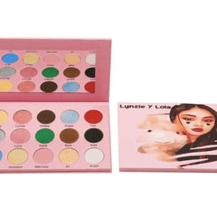 Close-up of Lynzie & Lola eyeshadow palette showing six matte and shimmer shades in warm neutrals