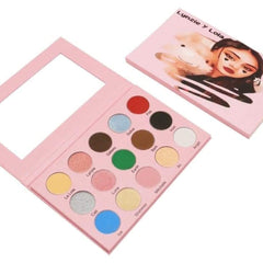 Side view of Lynzie & Lola eyeshadow palette showing rectangular case with 12 vibrant matte and shimmer shades
