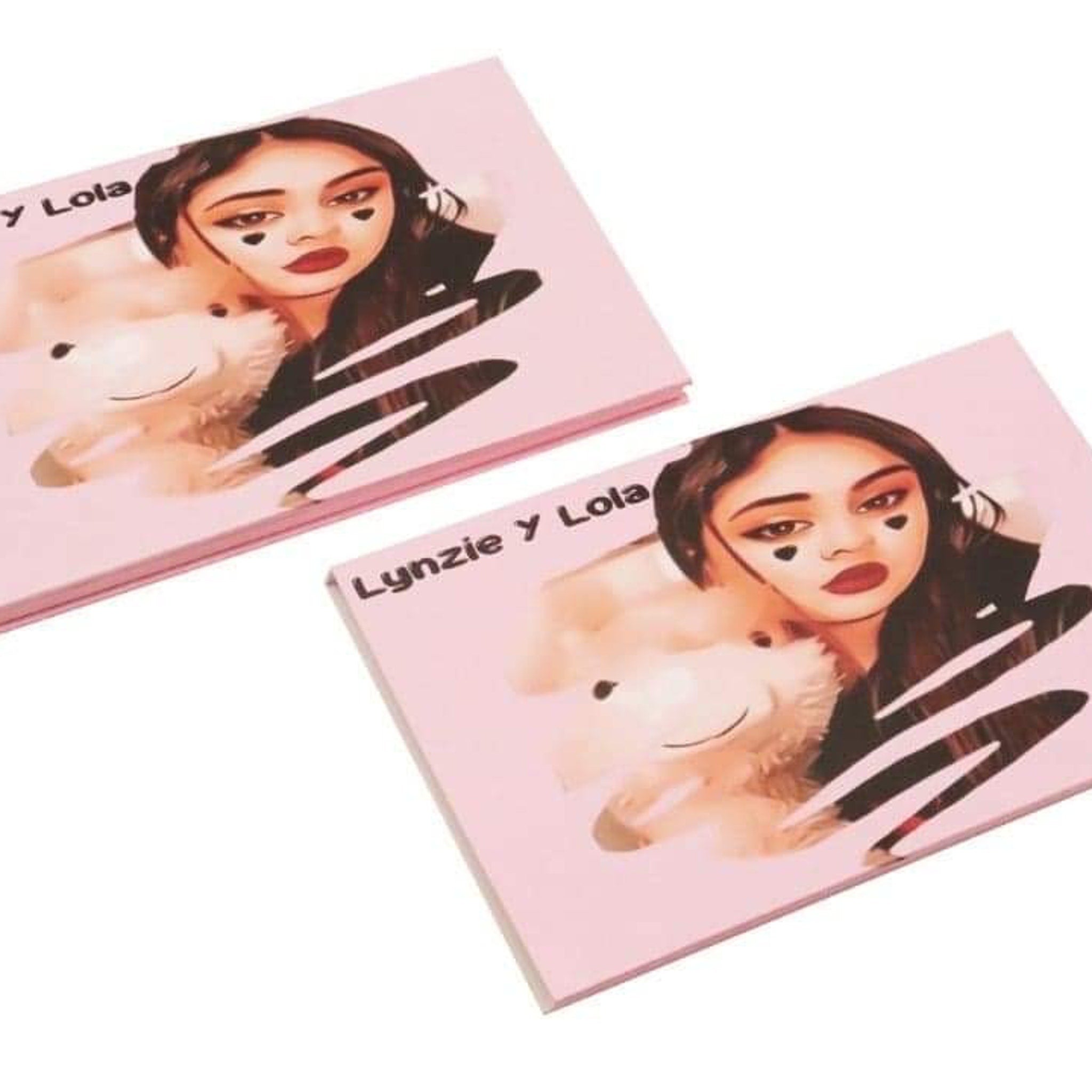 Lynzie & Lola eyeshadow palette displayed open with 12 vibrant matte and shimmer shades in rectangular pans