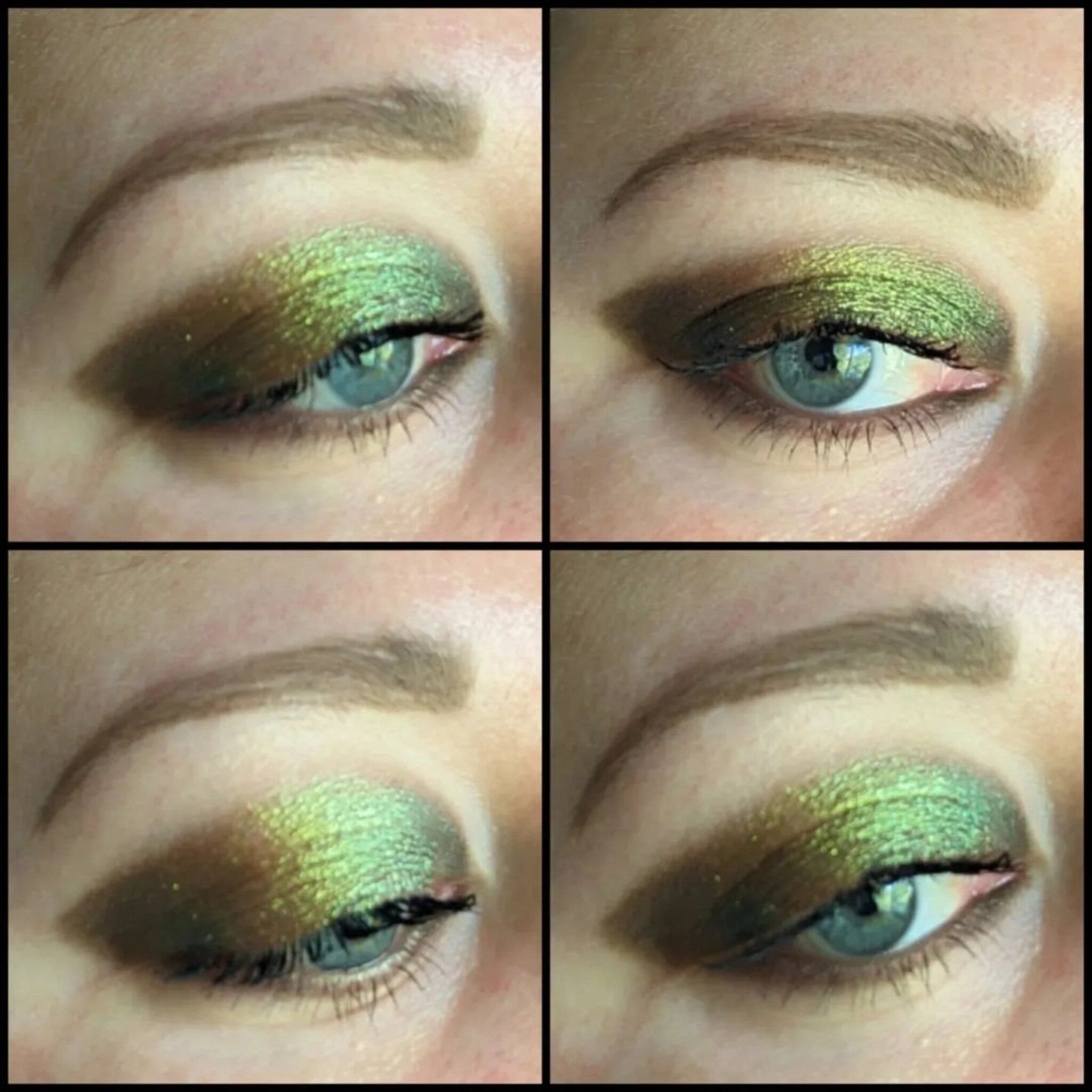 Side angle view of pressed trichrome chameleon eyeshadow pan showing color-shifting shimmer and glitter particles