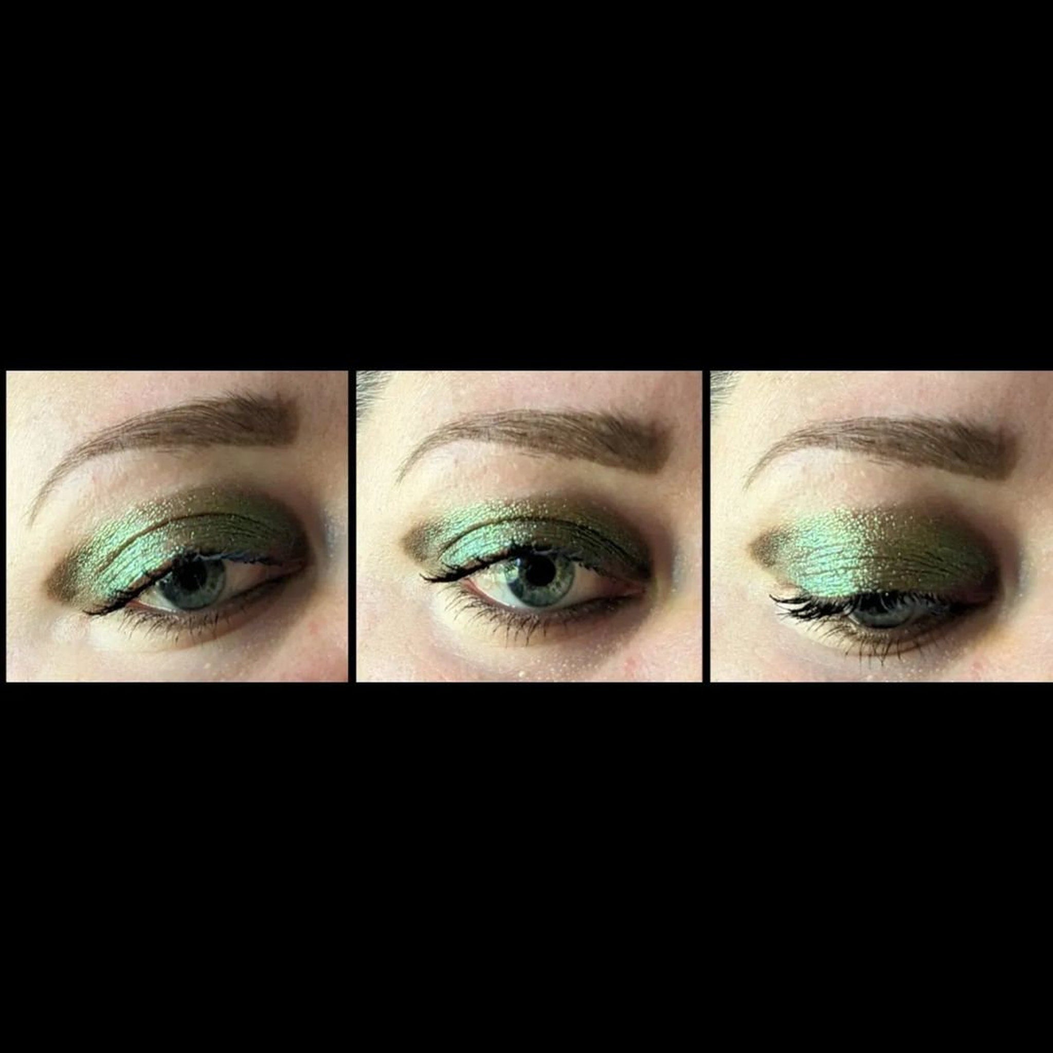 Side view of pressed trichrome chameleon eyeshadow pan showing color-shifting vegan shimmer and glitter particles.