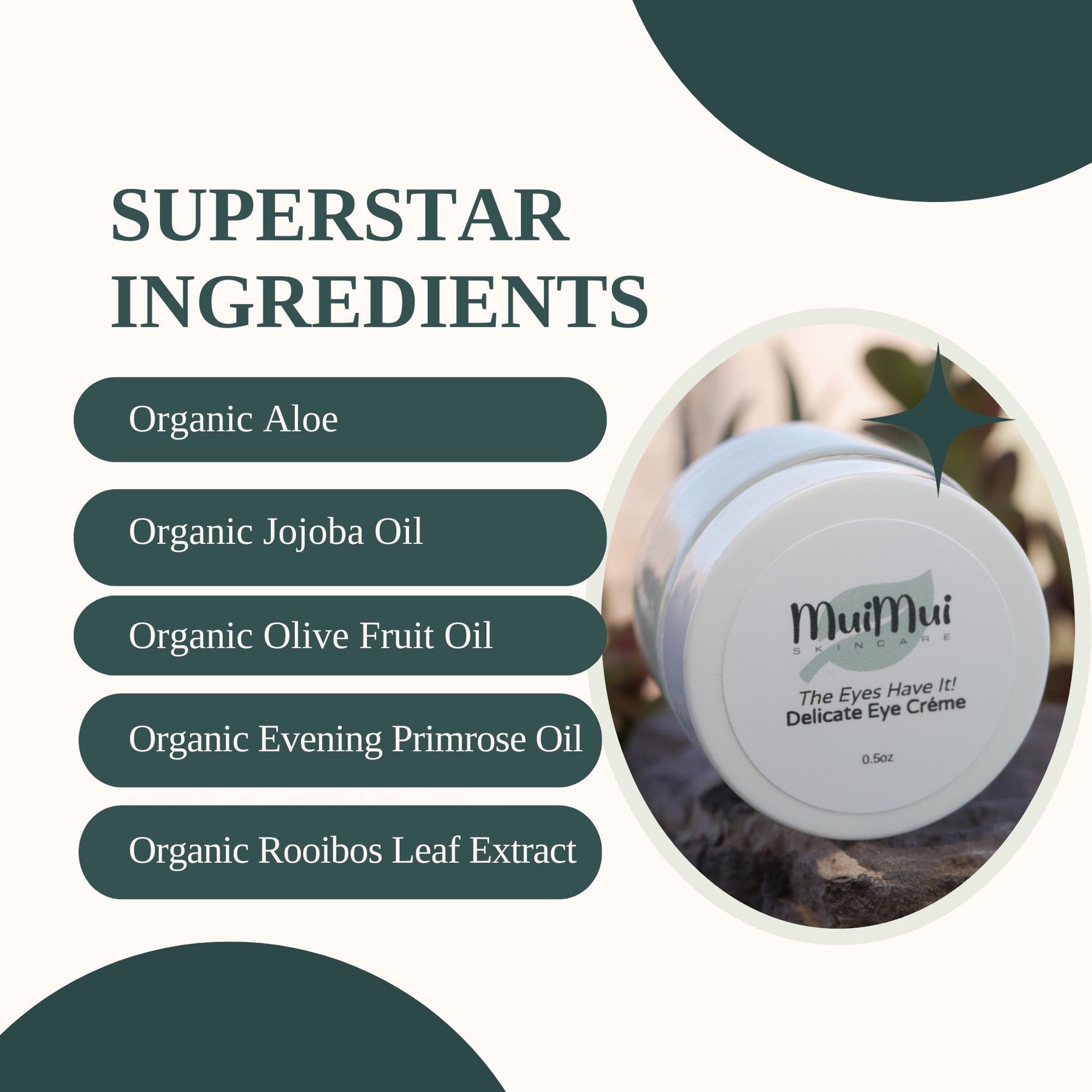 Eye cream jar, white and light blue, MuiMui brand, on a stone surface, featuring product ingredients.