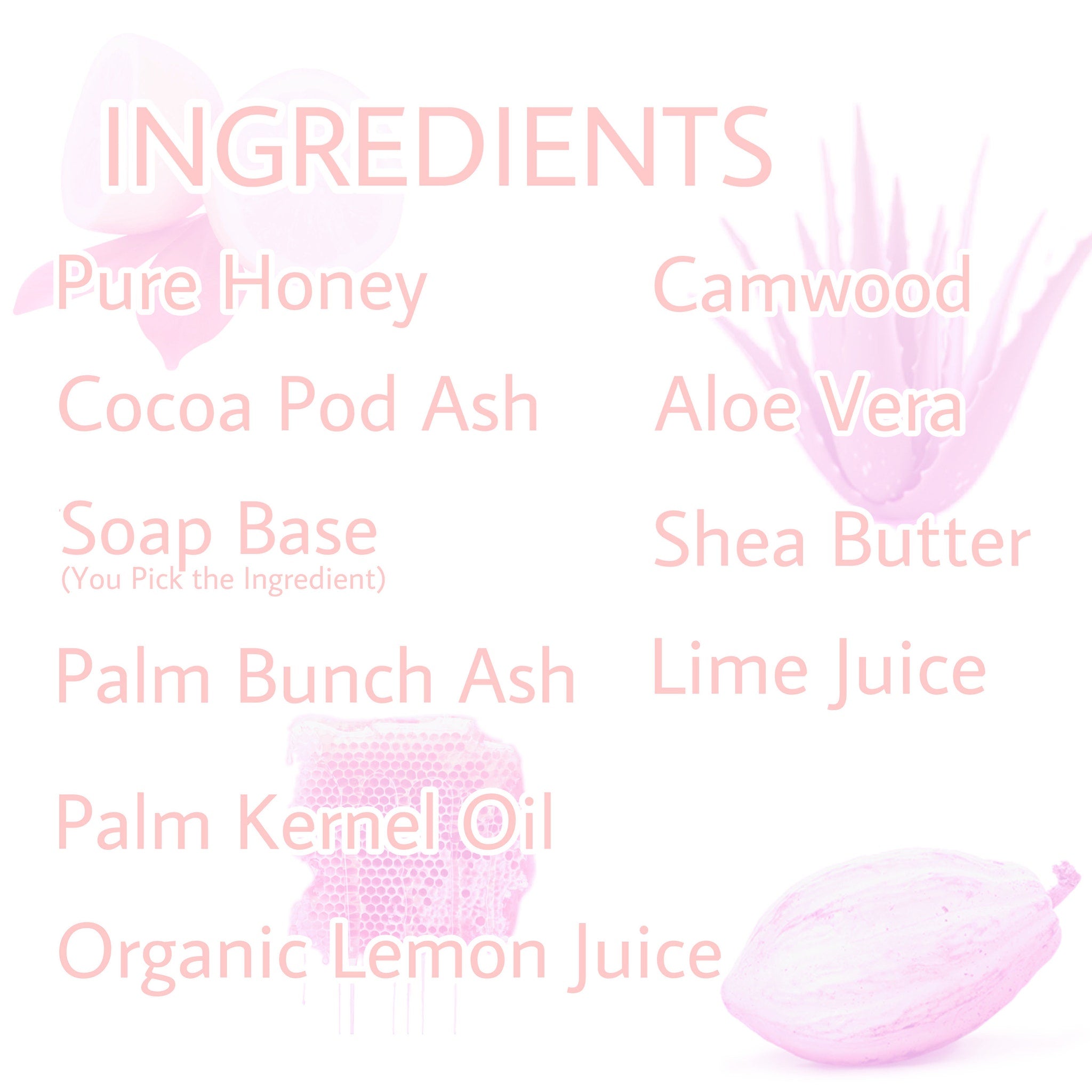 Ingredients list, pink text on white background, with illustrations of honey and fruit