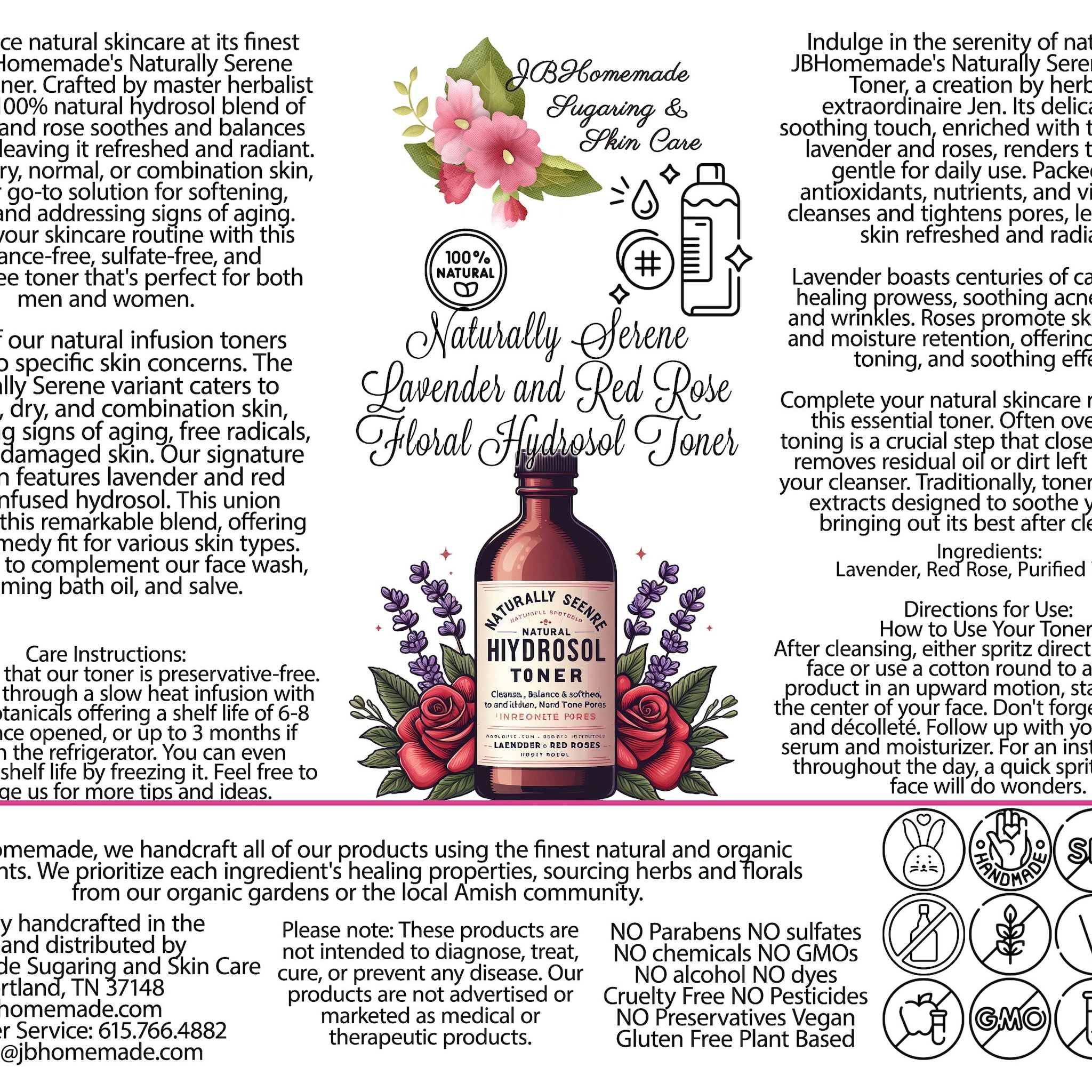 Floral Hydrosol Toner with lavender and red rose floral design, JBHomemade brand