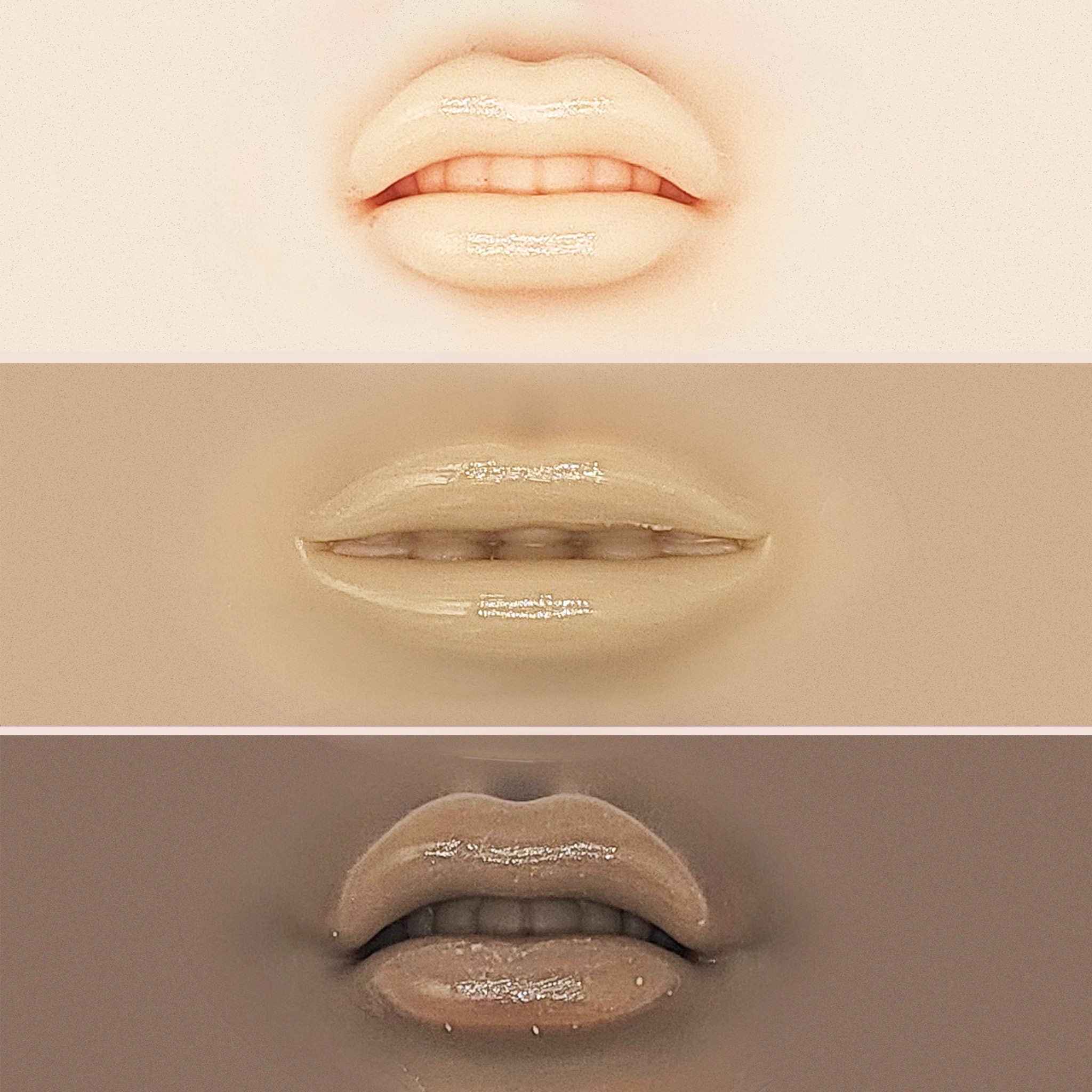 Lip gloss samples in various skin tones, glossy finish, close-up of lips, for color comparison