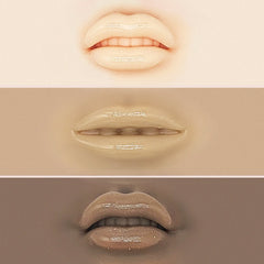 Lip gloss samples in various skin tones, glossy finish, close-up of lips, for color comparison
