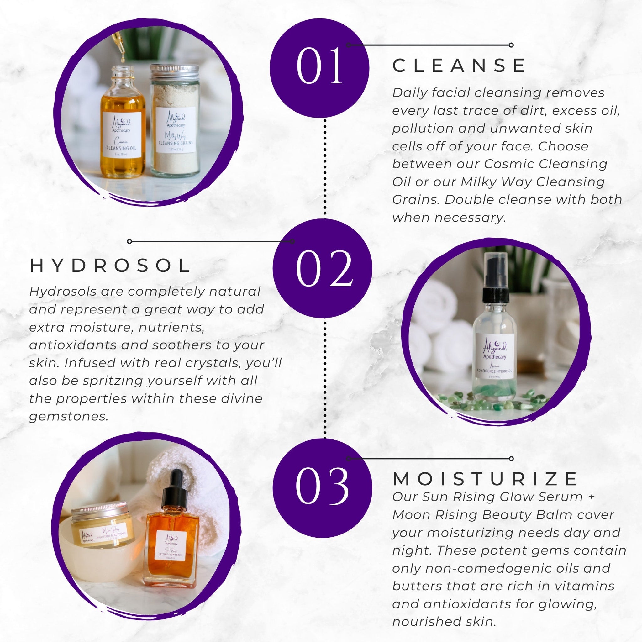 Cleansing products with oil and grains, Aligned Apothecary products, shown for cleansing routine