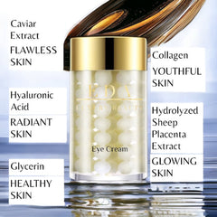 Eye cream bottle with gold cap, clear body, and white pearl-like contents, EDA Luxury Beauty label visible