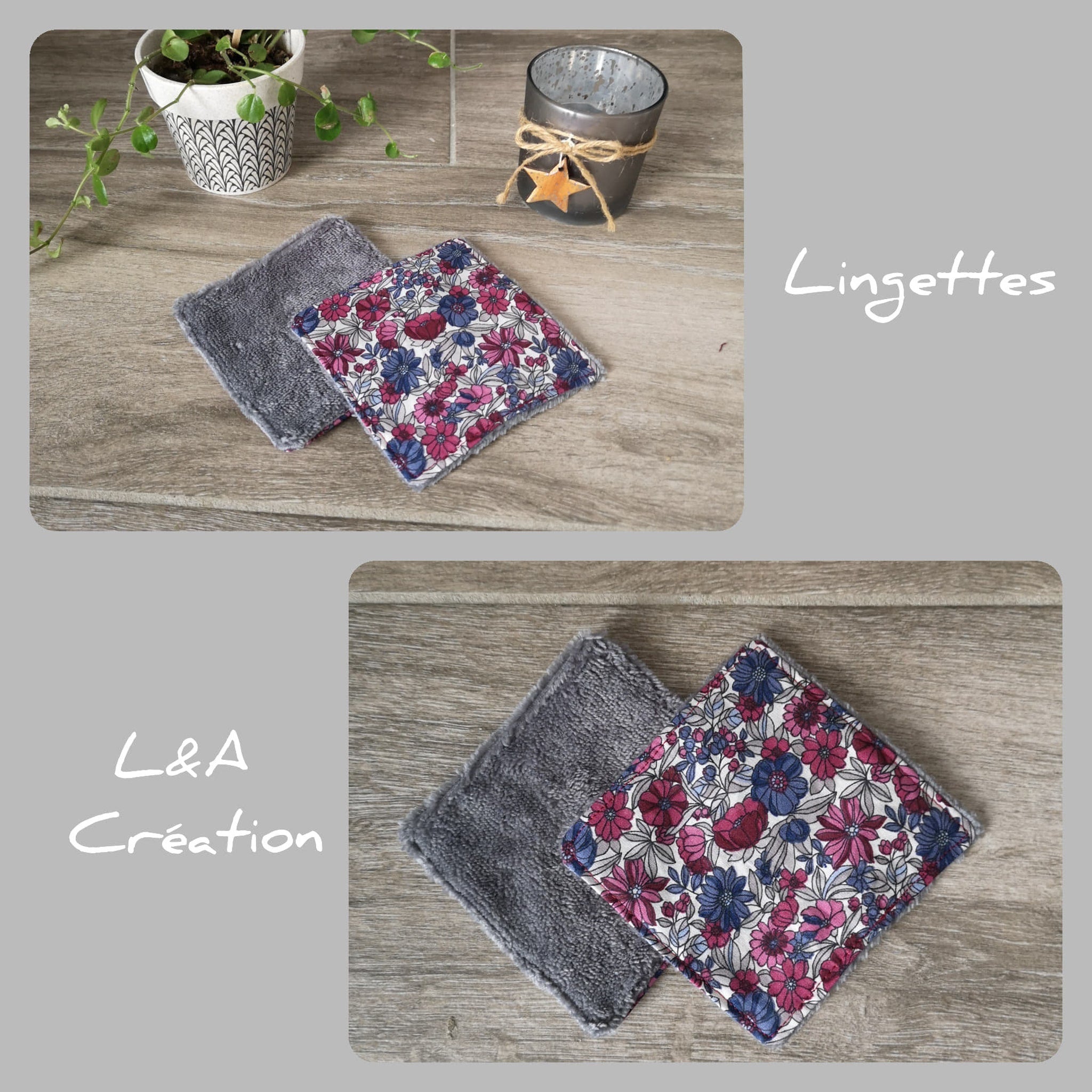 Reusable wipes with gray terry cloth and floral print, L&A Création text visible