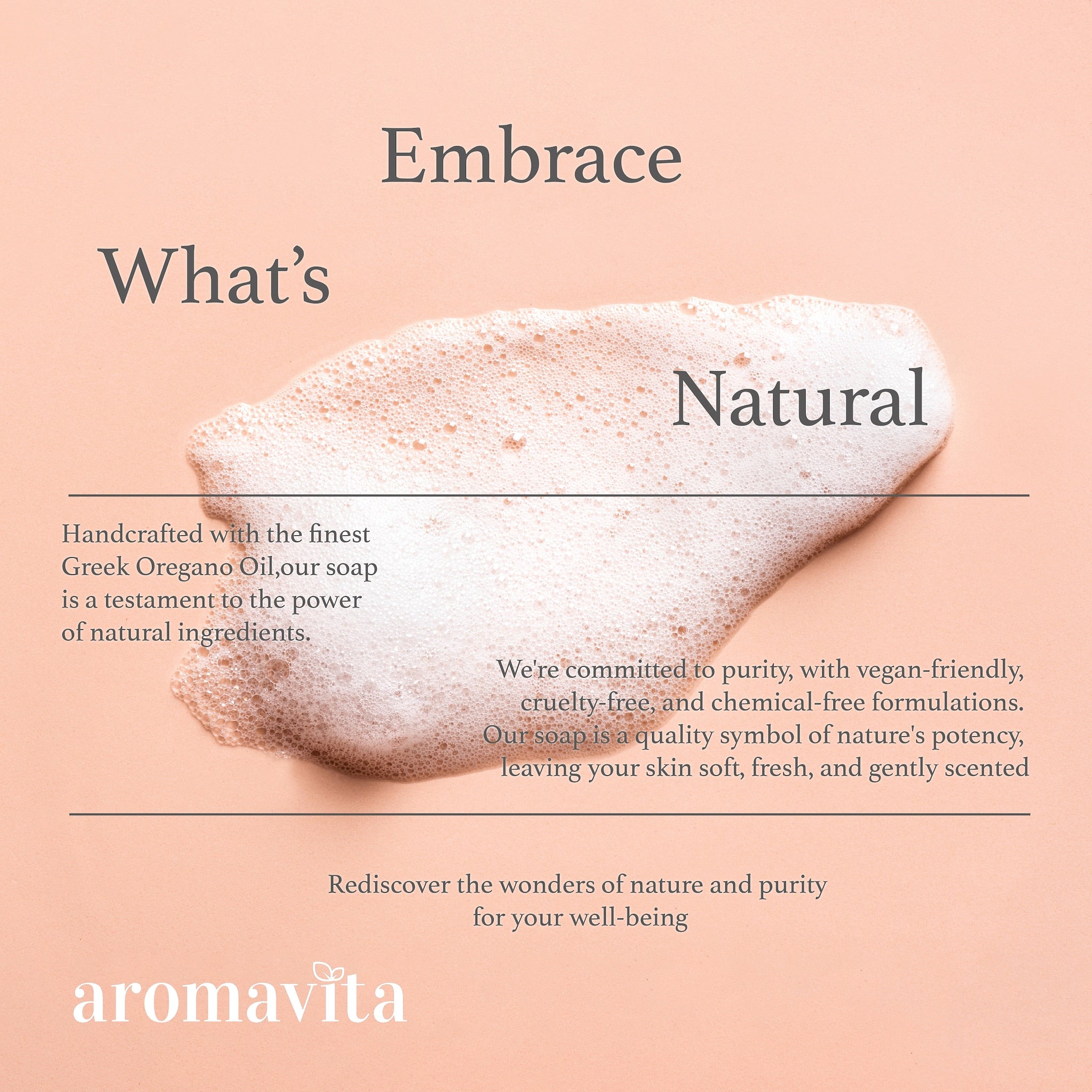 Foam texture on peach background with aromavita text, natural concept, for skincare