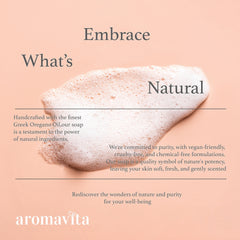 Foam texture on peach background with aromavita text, natural concept, for skincare