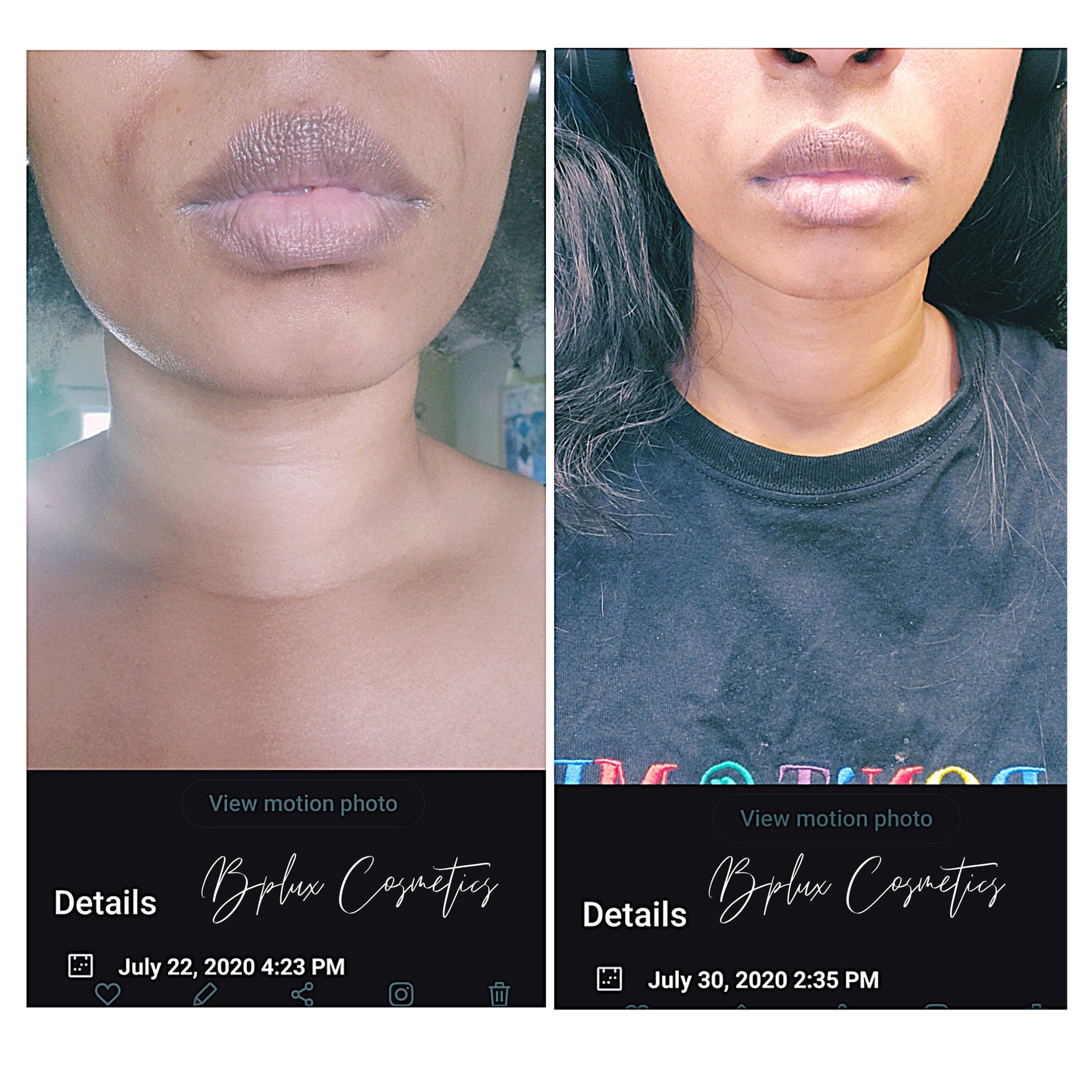 Lip comparison photo, skin tone, lips, black t-shirt, Bplux Cosmetics logo, before and after view
