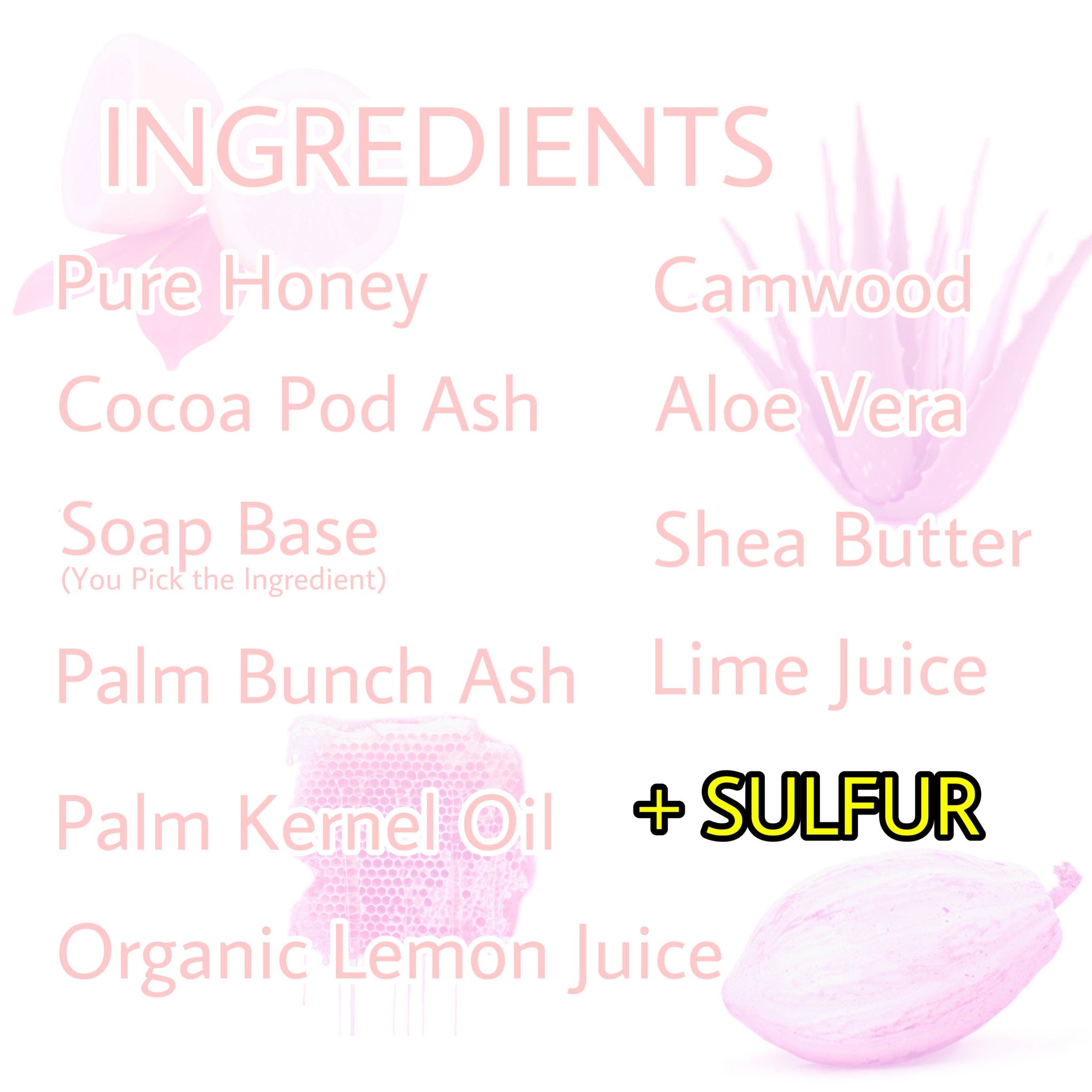 Ingredient list graphic with pink text, white background, and yellow "SULFUR" text