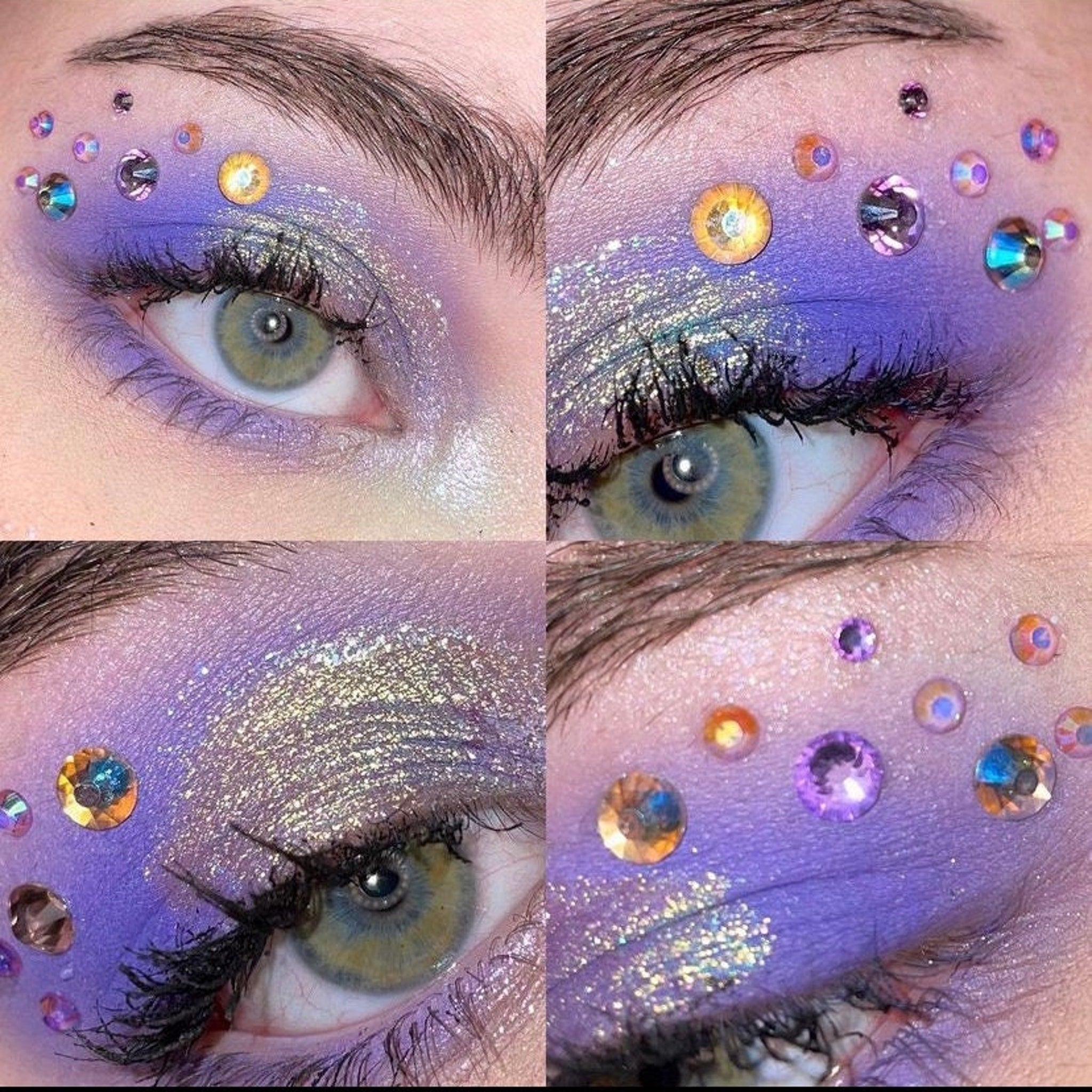 Eye makeup with purple eyeshadow, glitter, and colorful rhinestones applied on eyelid