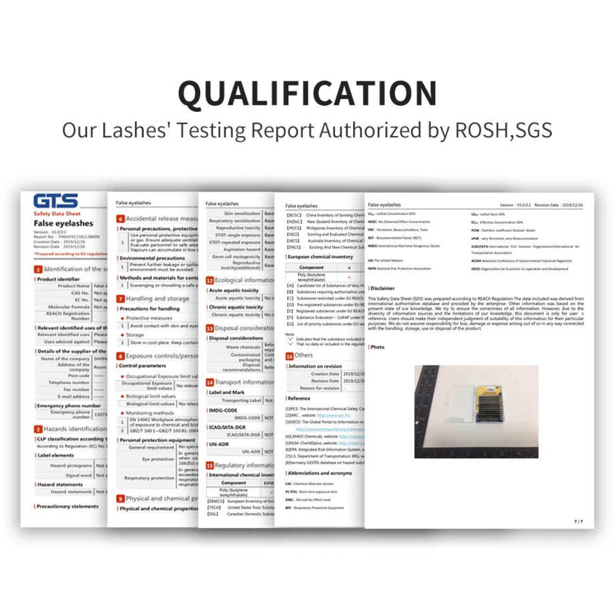 False eyelashes safety data sheet with white background and black text, GTS logo visible