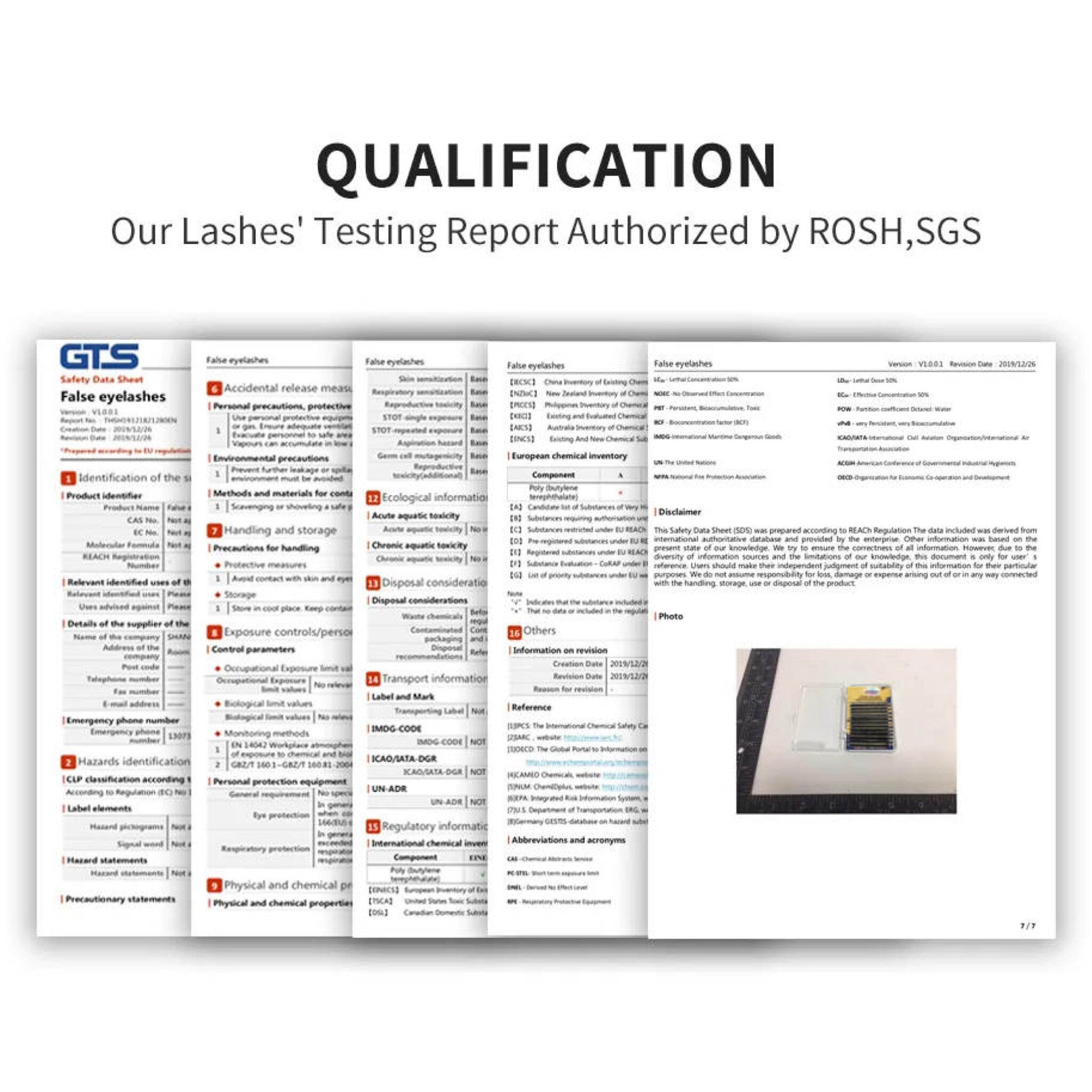 False eyelashes safety data sheet with white background and black text, GTS brand