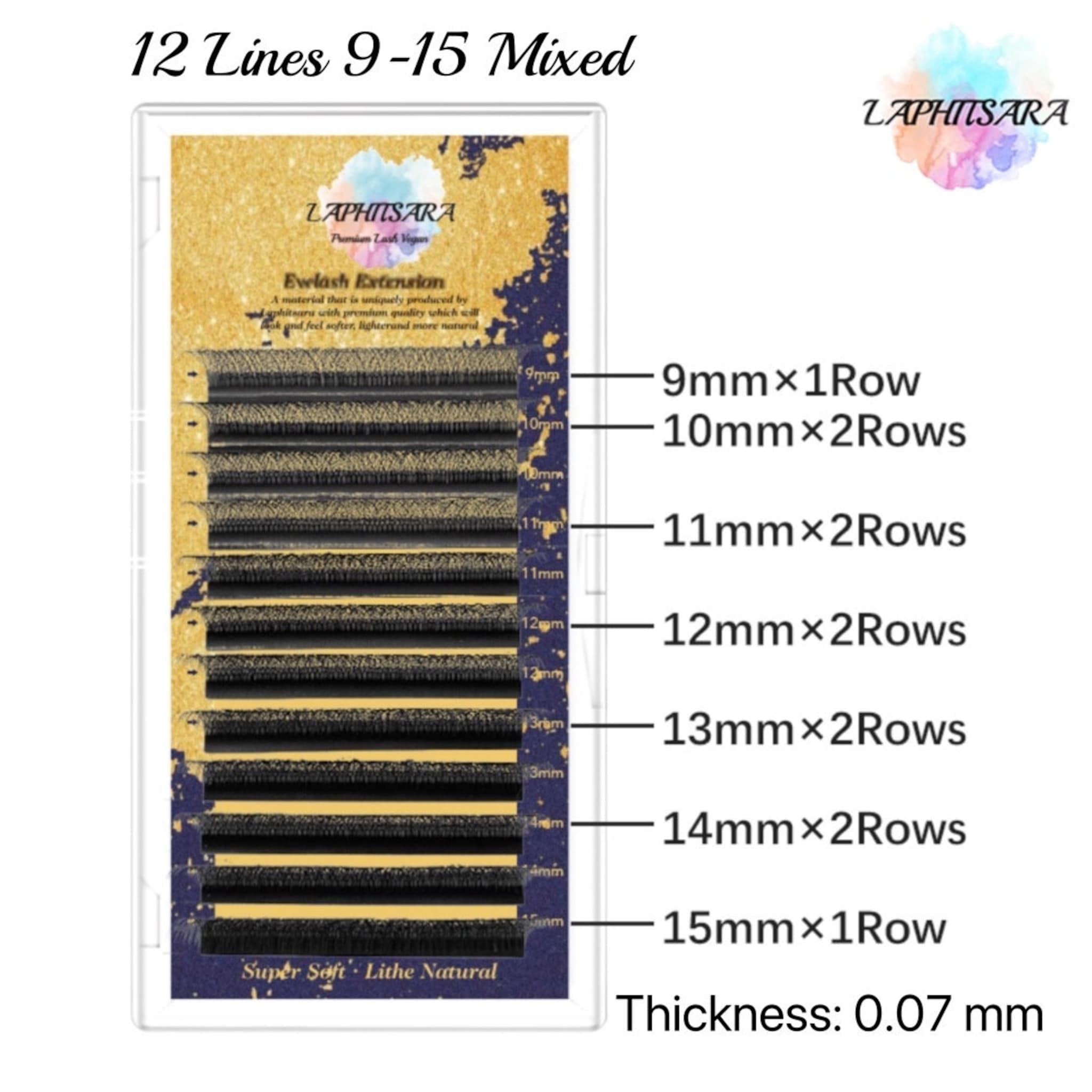Eyelash extensions in black, with various lengths, labeled LAPHITSARA, for professional use