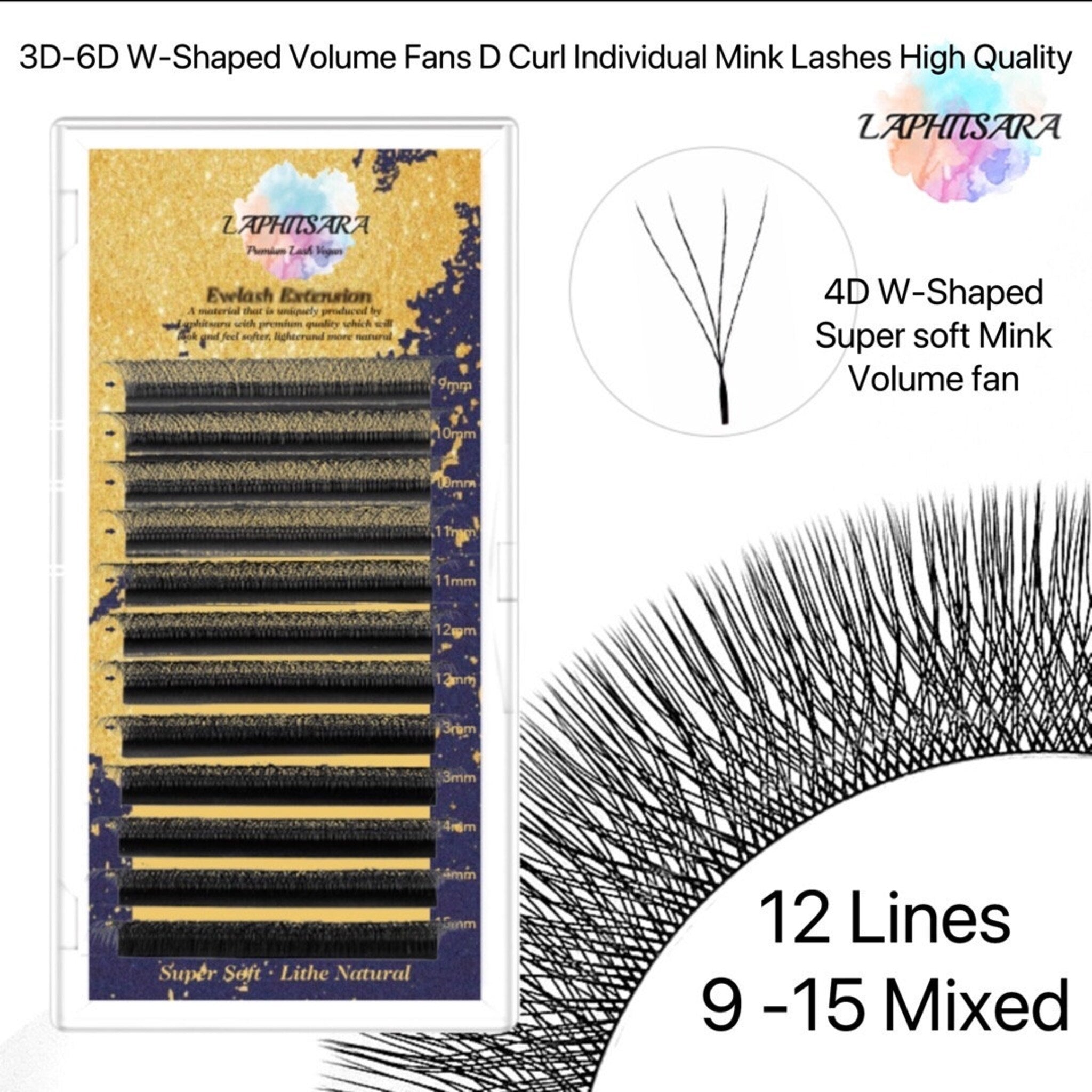 Mink lash extensions with black lashes and LAPHITSARA branding, arranged in rows with length labels