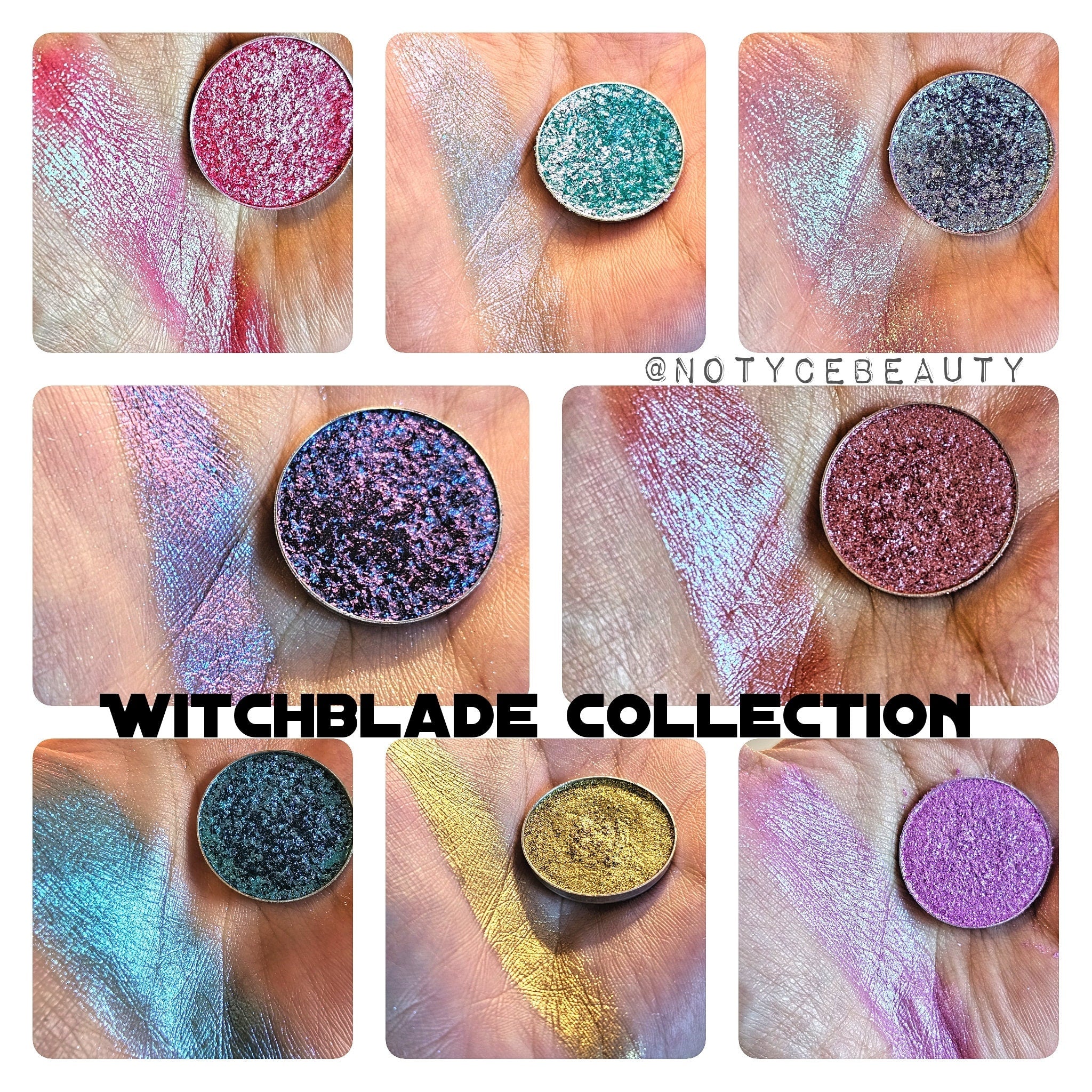 Eyeshadow palette with multiple colors, glittery finish, and hand swatches, Witchblade Collection