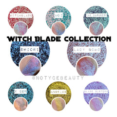 Eyeshadow swatch with red glitter, Witchblade text, and a pink and blue shimmer on skin