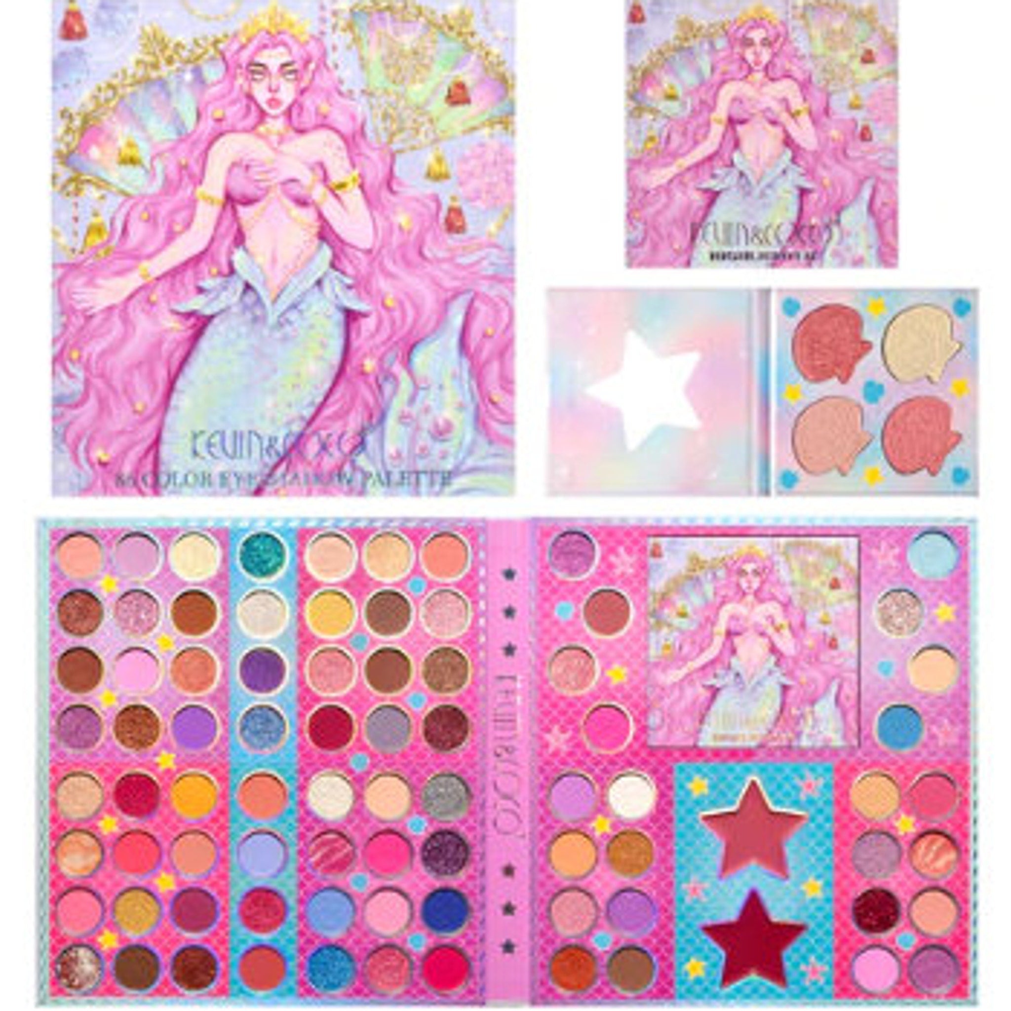 Eye makeup palette with pink, purple, and brown eyeshadows, Kevin & Coco brand, mermaid illustration on cover