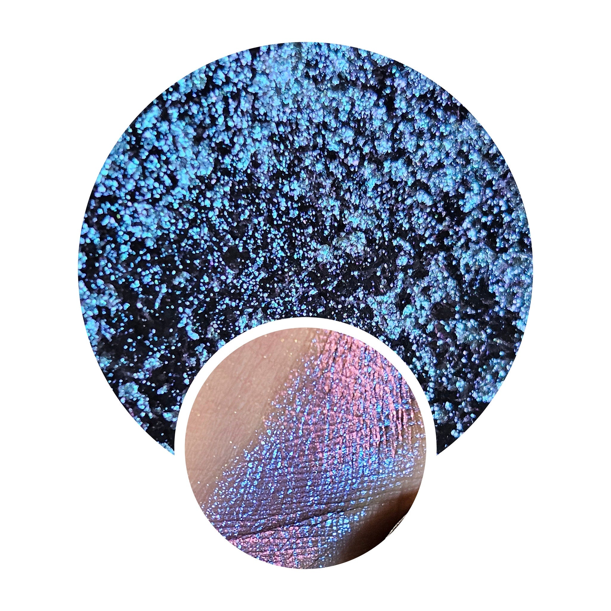 Eye shadow pan with blue and purple shimmer, applied on skin, Witch Blade brand