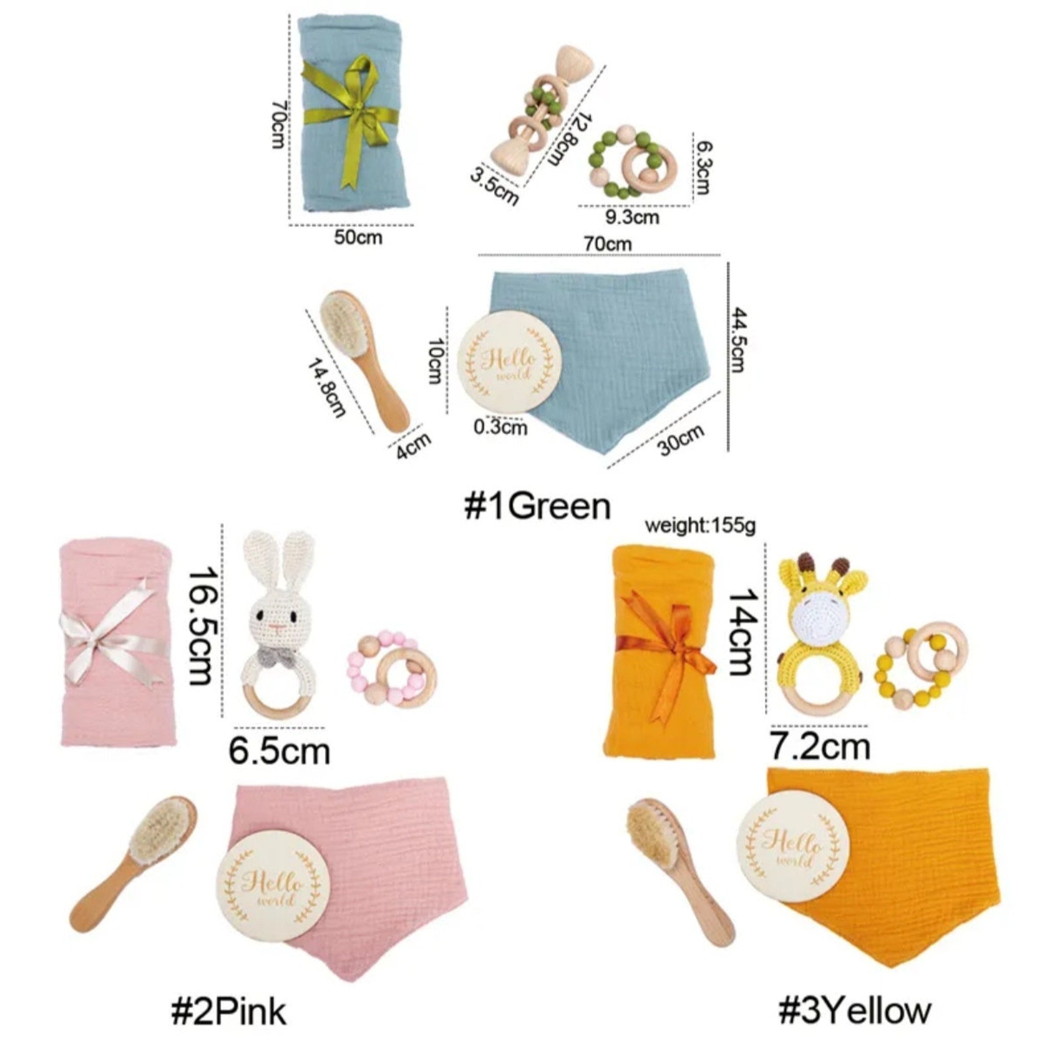 Baby gift set with blue muslin wrap, wooden brush, and "Hello world" sign