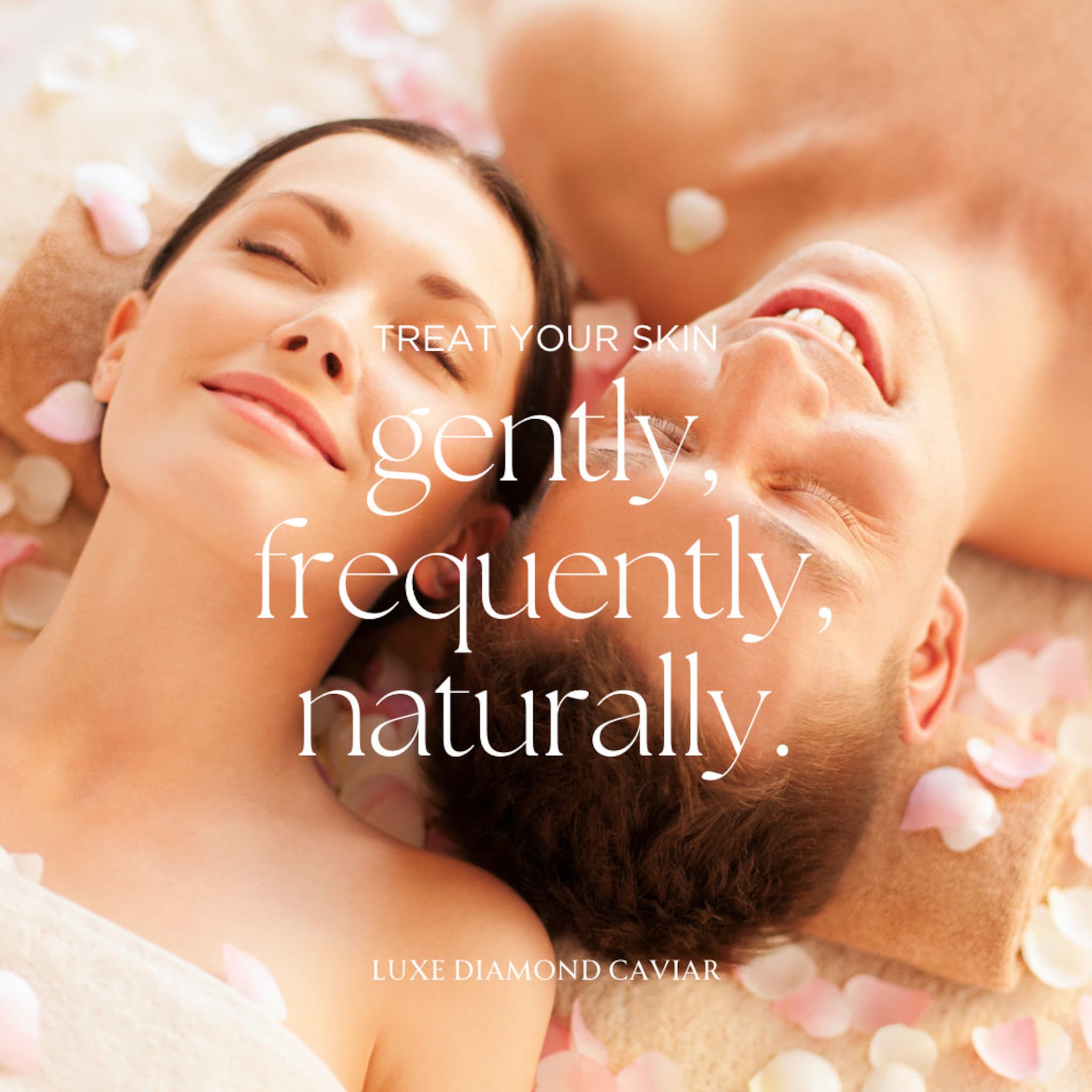 People relaxing on tan towels with white and pink flower petals, Luxe Diamond Caviar text visible