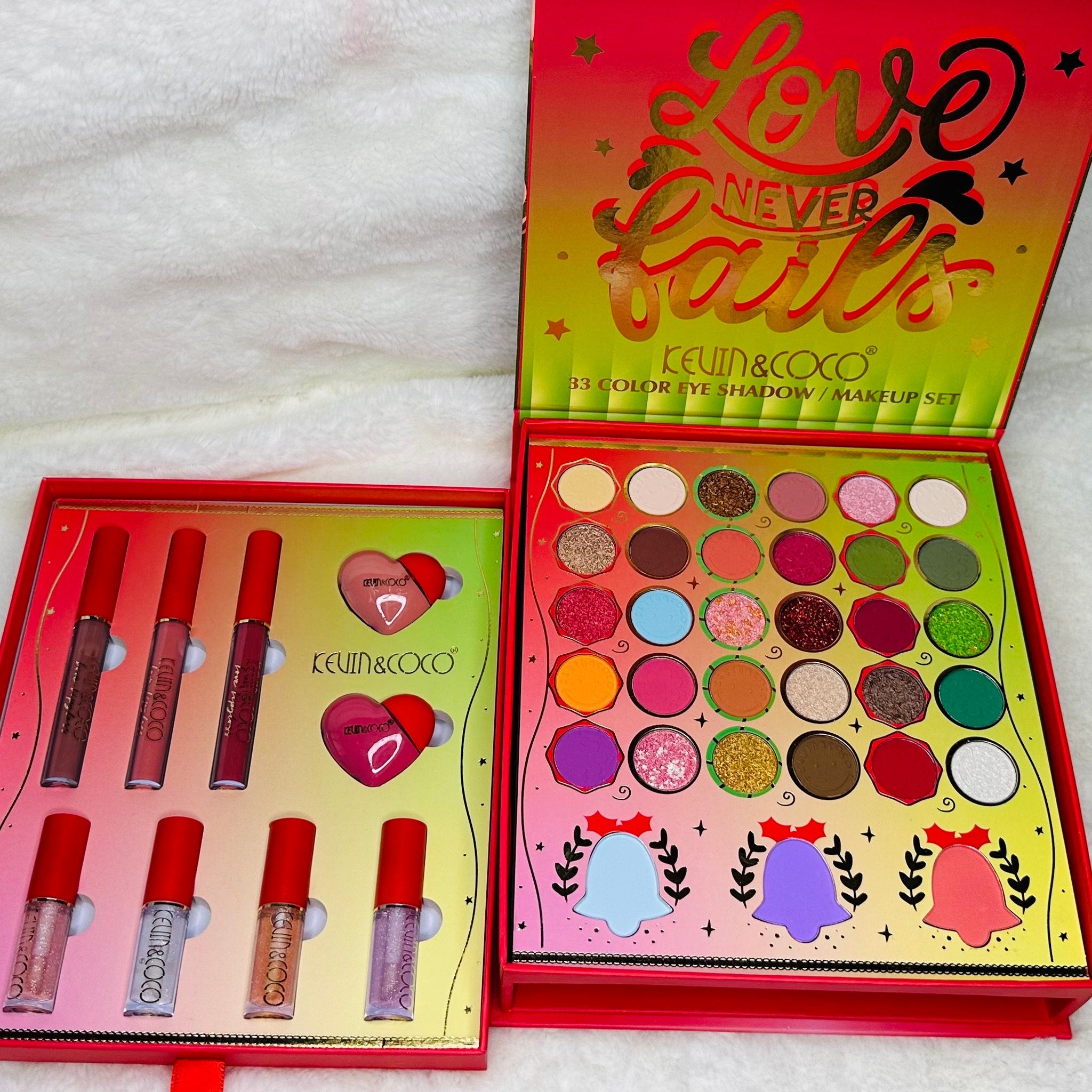 Side view of Bells Makeup Eye Shadow Set showing angled palette with shimmering neutral-toned powder pans