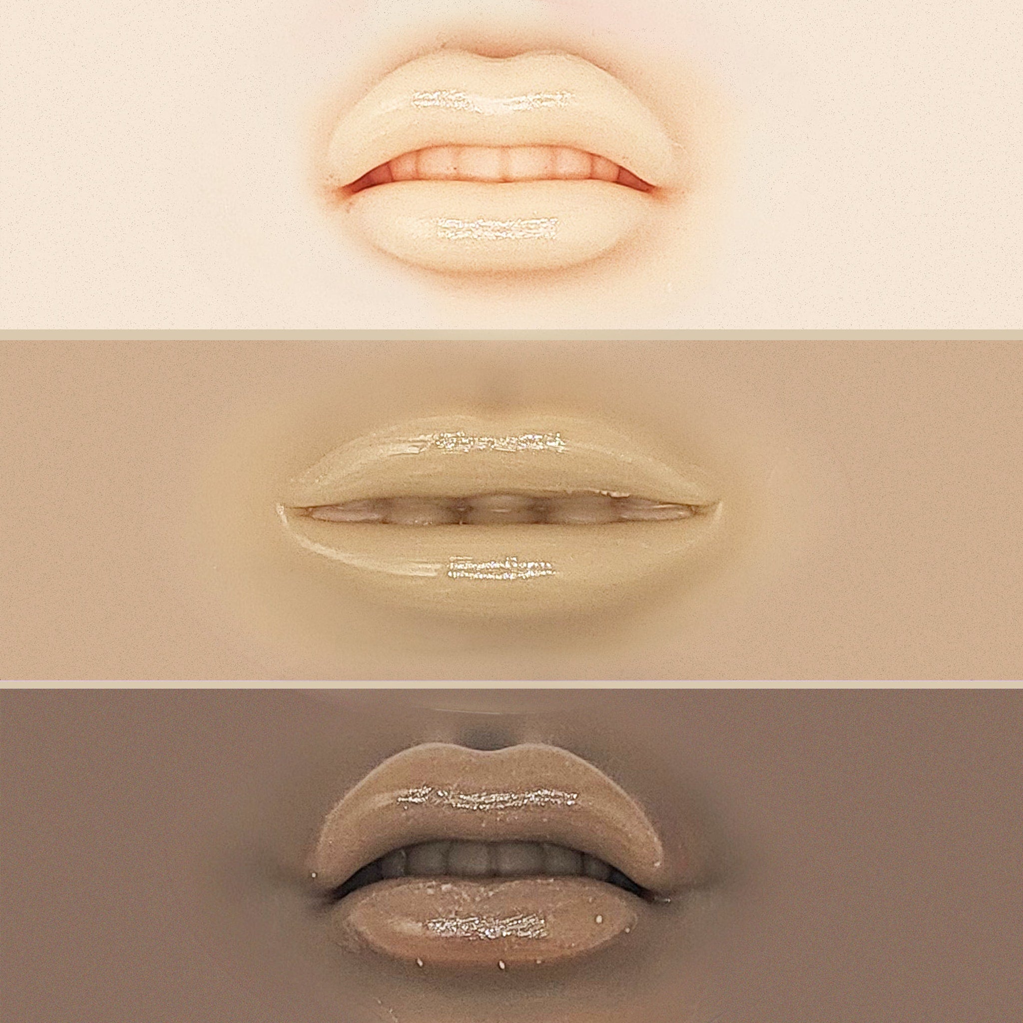 Lip gloss swatches in beige, nude, and brown tones, glossy finish, close-up view
