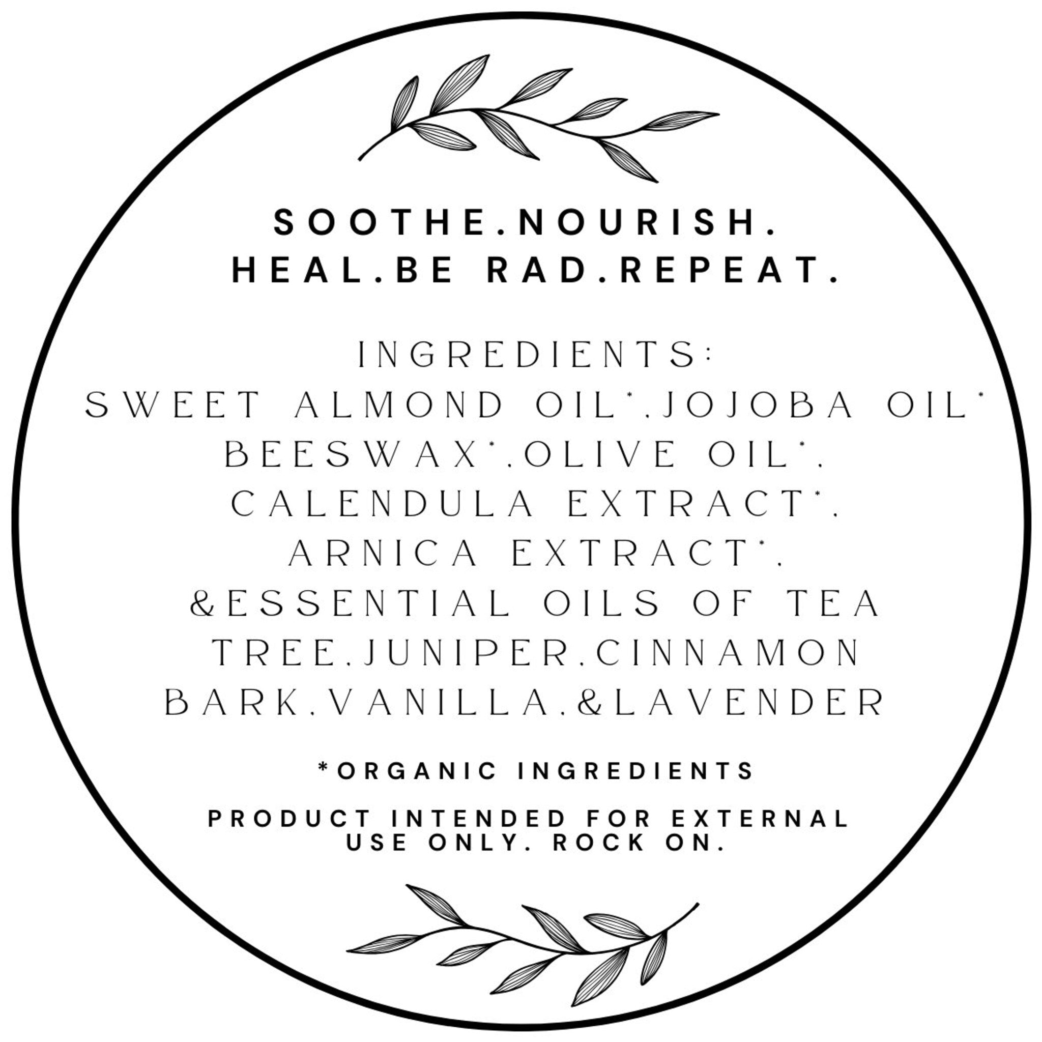 Product label with black border, white text, and botanical illustrations