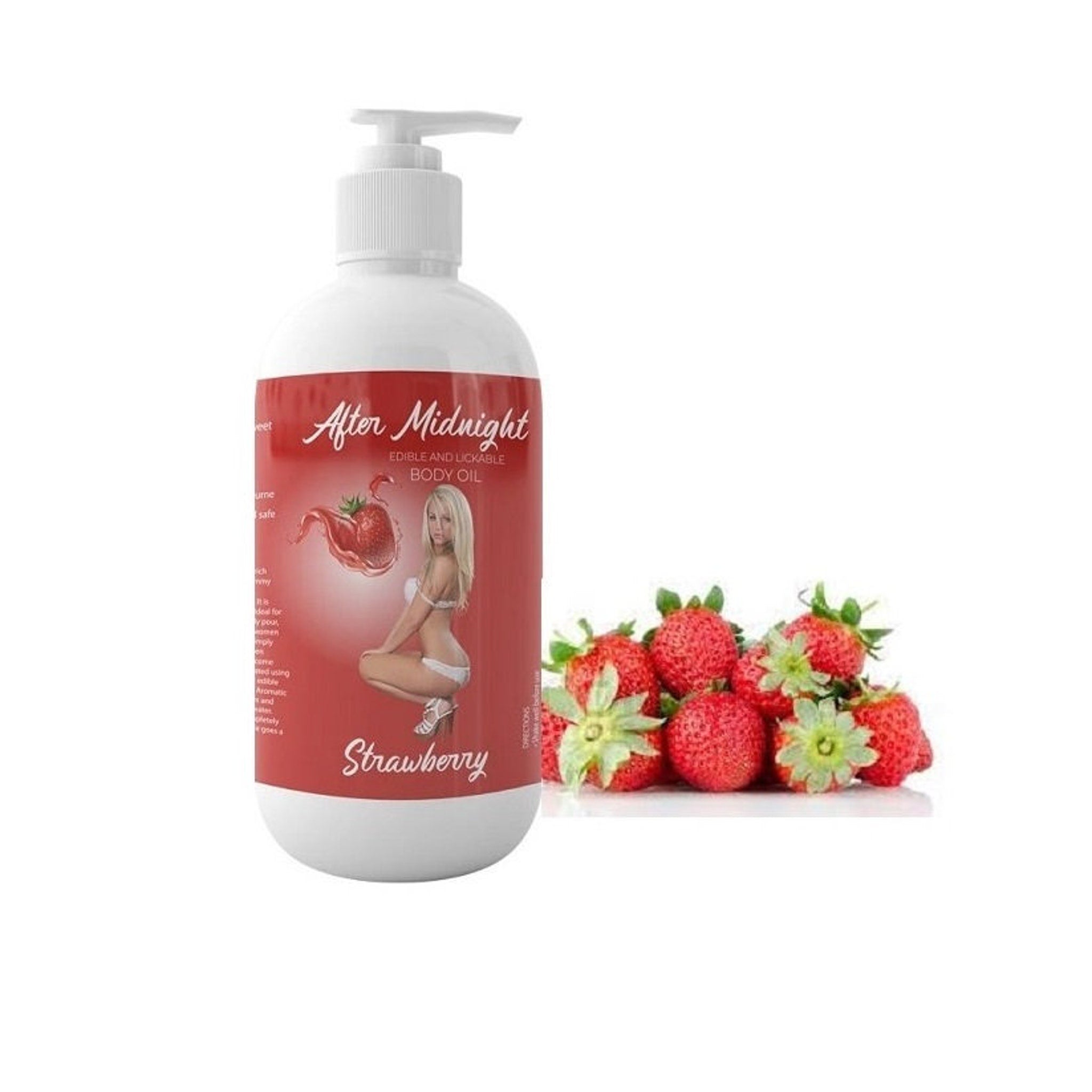 Massage oil bottle with white and red label, strawberries, After Midnight brand
