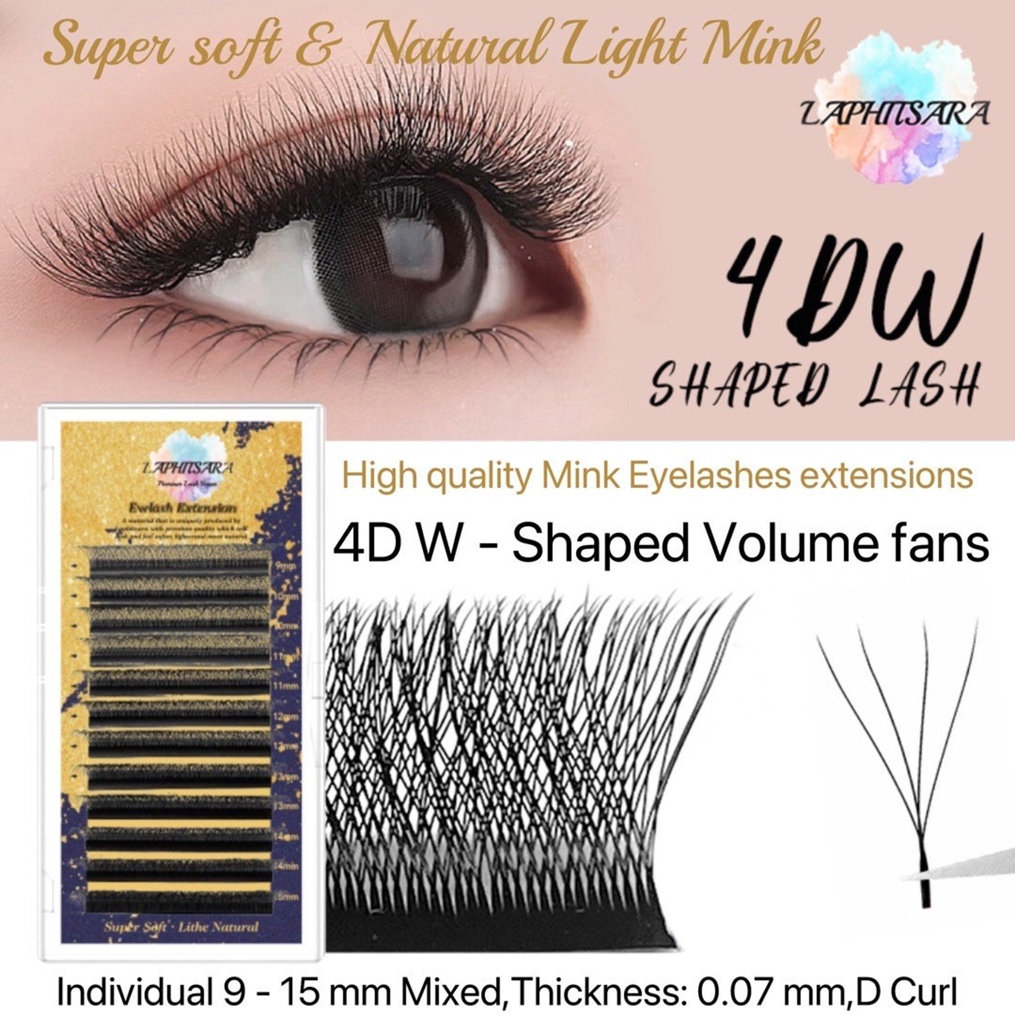Eyelash extensions black mink hair 4D W shaped LAPHITSARA lashes for eye makeup
