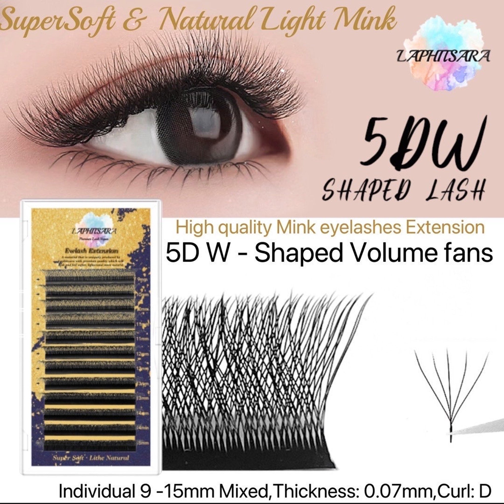 Eyelash extensions black mink lashes, 5D W-shaped, LAPHITSARA brand, for eye makeup