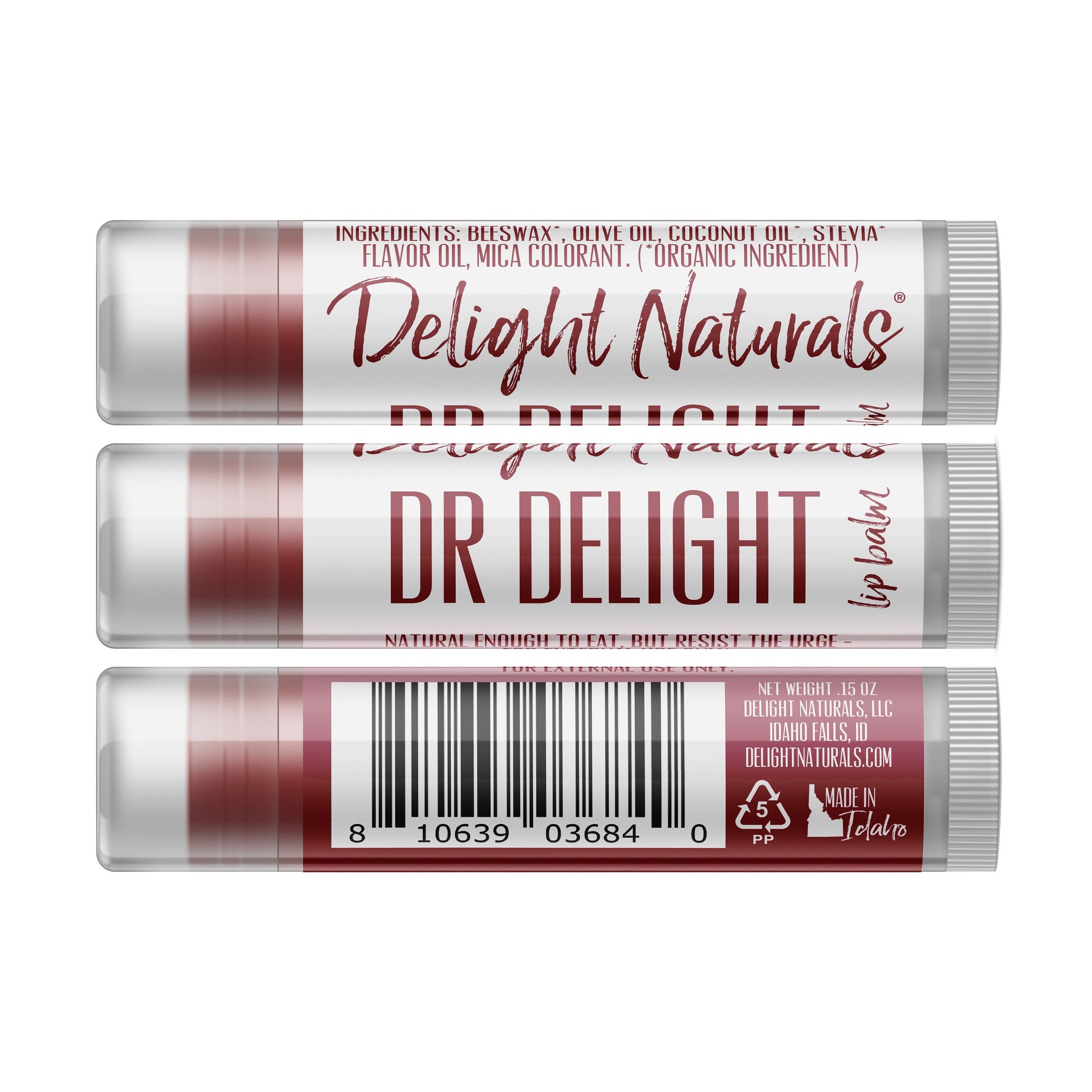 Lip balm tube with burgundy and white sections, "DR DELIGHT" text, and barcode label