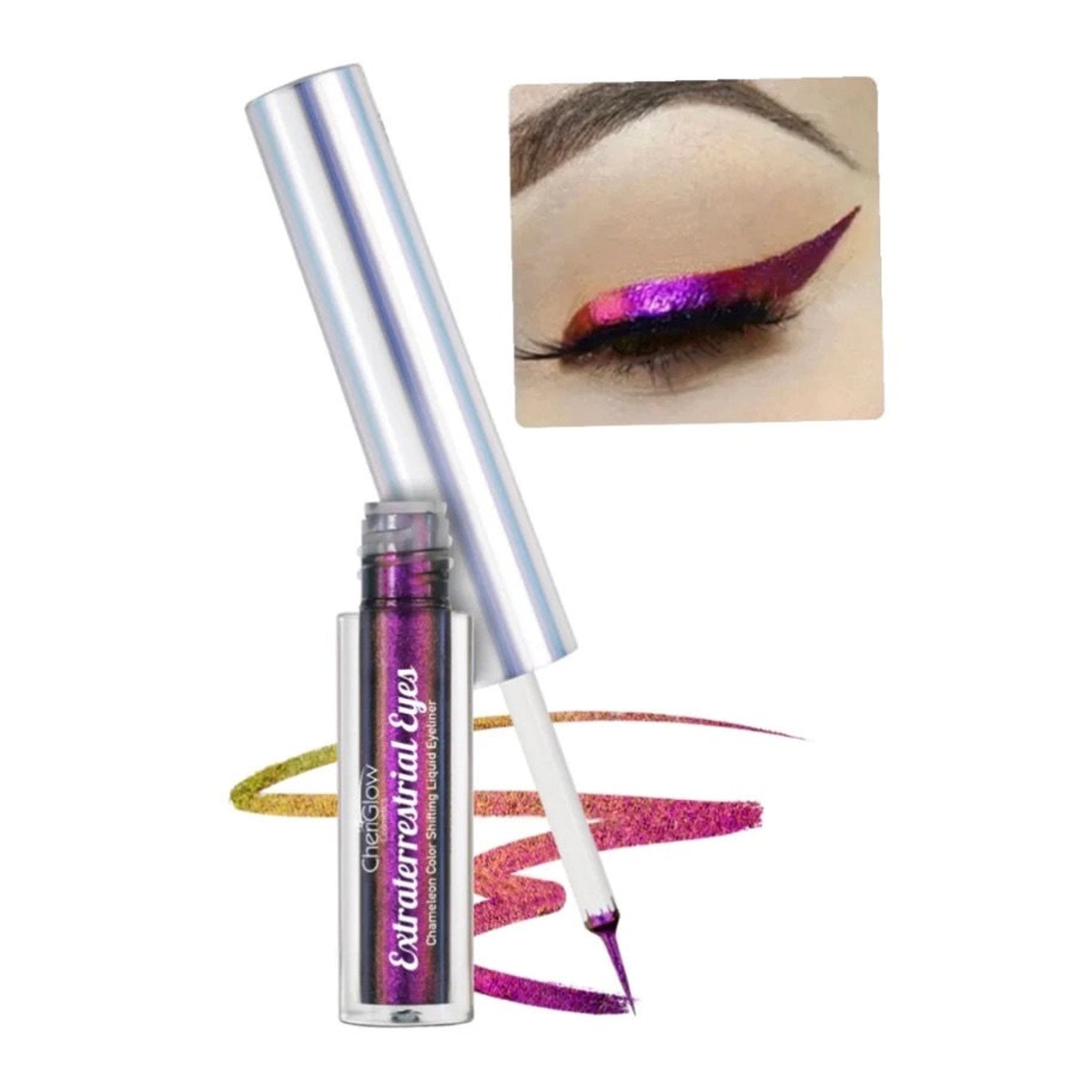 Liquid eyeliner with iridescent purple color, silver applicator, and eye makeup example