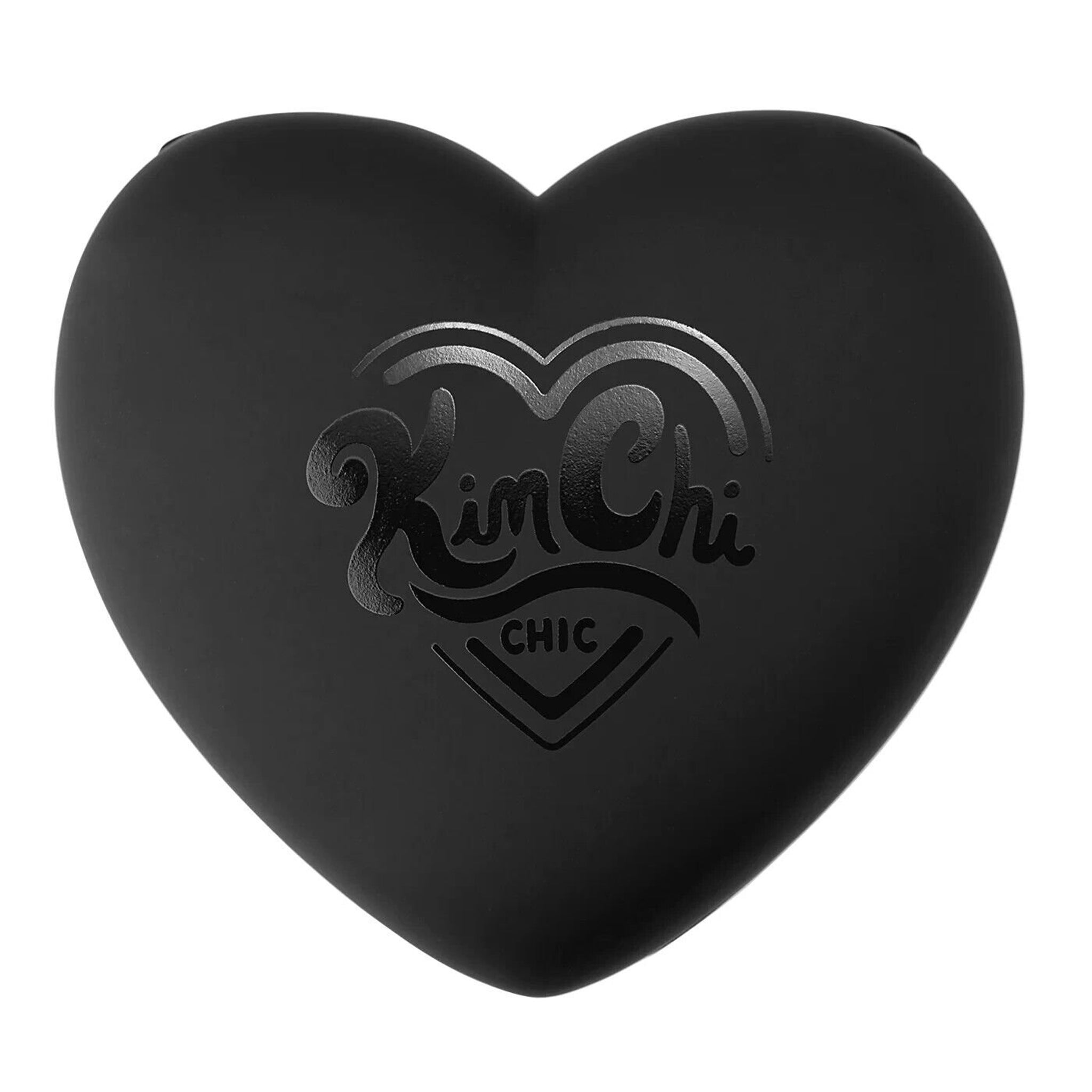 Heart-shaped black compact with KimChi CHIC logo and smooth finish