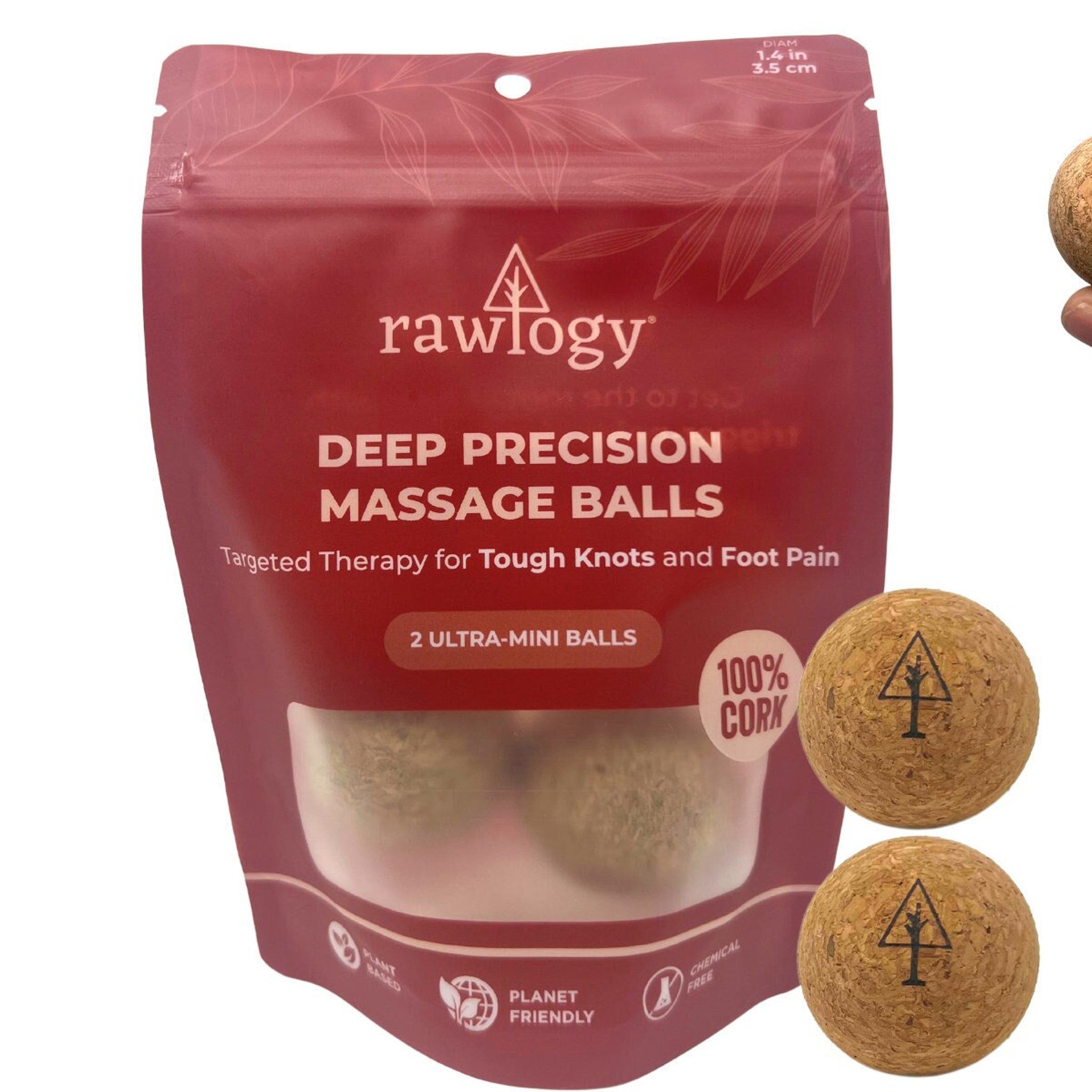 Massage balls with cork material and Rawlogy logo, shown in packaging with text